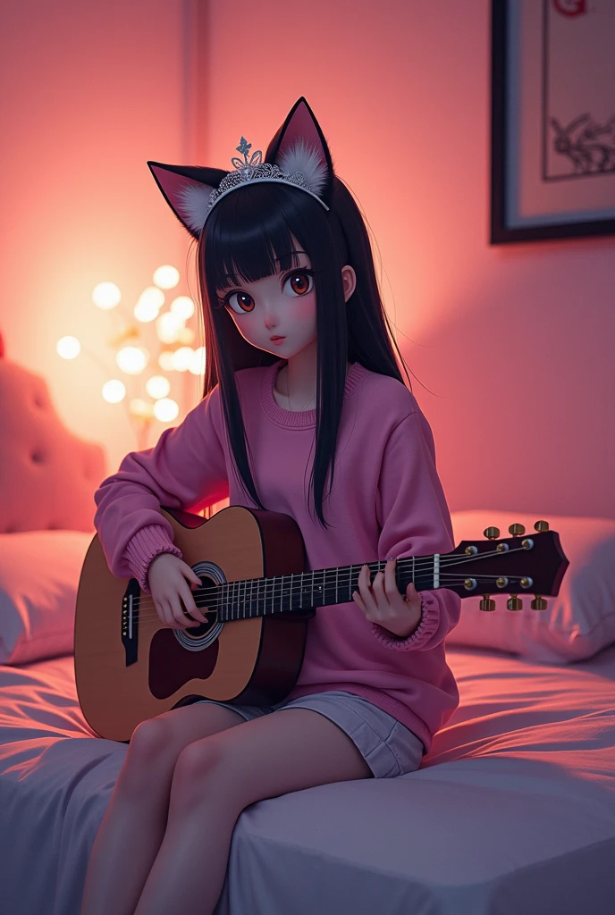 1girll, nedium breasts,Raised sexy,adolable,Cat ears,guitar,stocklings,Superskirt,Short skirt pleats,Leaky ass,Clamp the guitar between your legs,Kneel on the bed with your legs,There was a quilt on the bed,Inside the hotel room。