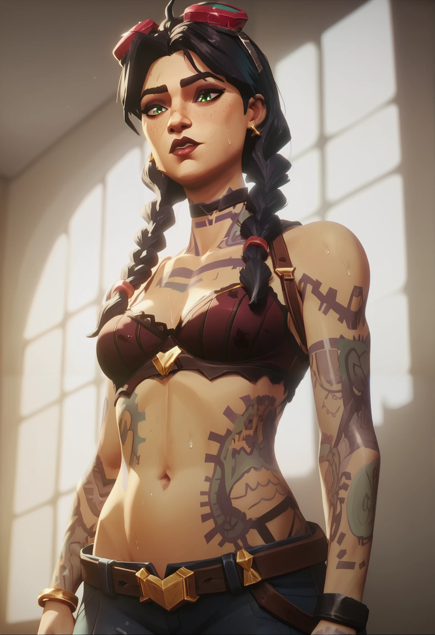 character design, One girl, Jules (fortnite), green eyes, black hair, freckles, detailed face, beautiful face, ripped clothes, dirty, sweating, undressing, bra, panties, tattooed body