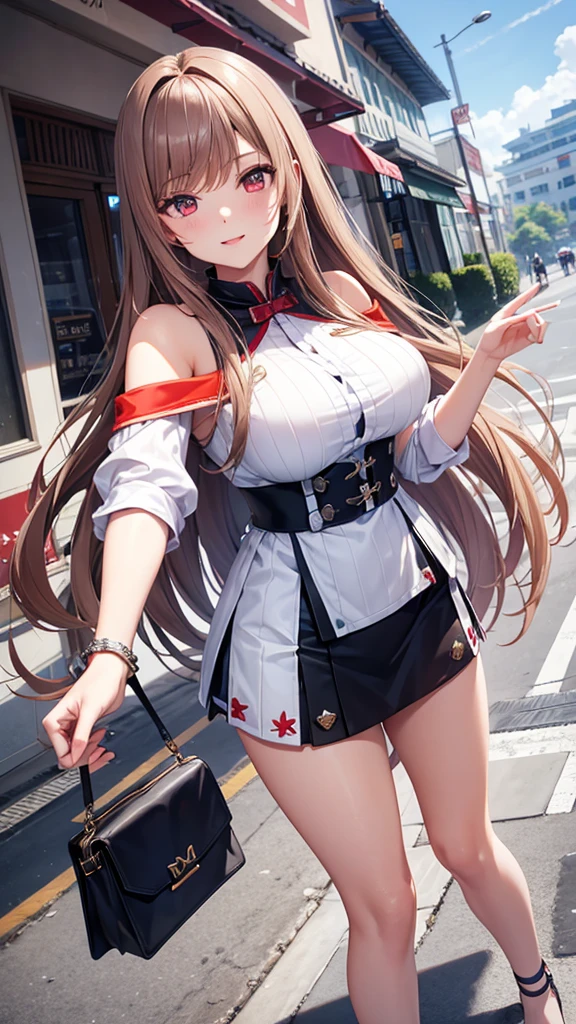 Game , goddess of victory nikke, Rapi , light brown hair, alluring eyes ,beautiful face , crystal red eyes , long hair , women sleeveless tops,armpits, hand behind heads,blue colour shirt, white colour leggings, selfie wind, 1 hand bag, g cup breast, slender waist, bewitching thighs, five fingers each hand, two hand ,two leg , in town, date, standing, beautiful, high heels, daylight, recreation park,