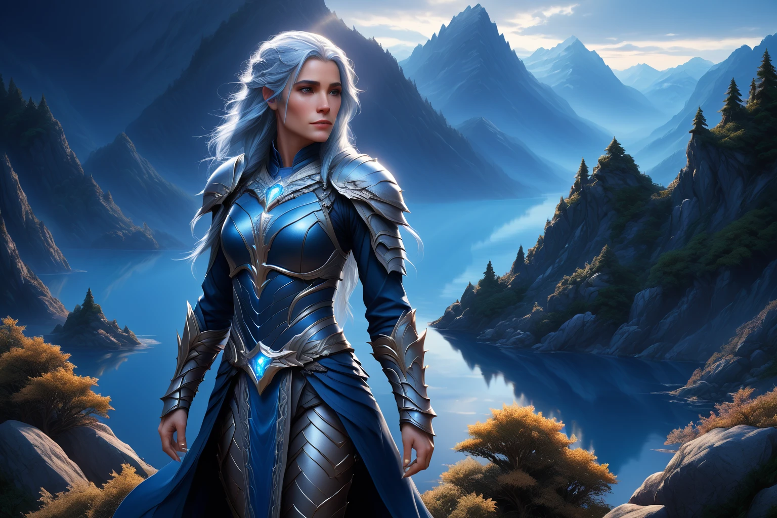 ( (1Тiefling ,  dark blue-gray skin ), Right,   dynamic pose  ,  girl  ,   ulybka, chainmail, light grey-black armor ,   Thick blue tail protection,    closed mouth  ,  long, (((Thick dragon tail ))),   blue-gray horns  , light particles, Rays of light,    long hair ,  One,   grey hair, long bangs,  (  top quality ,  masterpiece ,   highest detail  ) ,  dynamic pose ,   outdoor , path,  Grows , stone, water, mountain lake,   sprawling tree  , illustration, landscape, sky, clouds. ( stands full-length with its back half a turn, wrapped over his shoulder). blue tones, Dark tones.
(  ultra-detailed body  ),  ( on a beautiful background:1.3), (  Complex details  ), (  dynamic angle  )) (( masterpiece ,  hyperrealistic ,32K,чрезвычайно подробная CG unity 8k,  top quality , Canon50,  photorealistic , concept art,  Complex details ,  Main detail, Octane render, Unreal Engine,  fantastic art )) на фоне landscape,  sprawling cedar  (medieval луг in background:1.2),  snowy peaks ,  dark stones in the distance , Sally Mann, HDR, ( masterpiece :1.3), mountain lake около леса,  analog, , ( masterpiece :1.2), хмурое предгрозовое sky,  Vincent Calebo , (low key), ArtStation, The film is grainy,   representative  , depth of field, (Antonio Moro), color,  soft lighting,  light falls on the ground , Rays of light падают на озеро,  reflections in the water ,   side view:1,  Greg Rutkowski, ( Majestic mountain ),  ((Dawn)), cliff. 