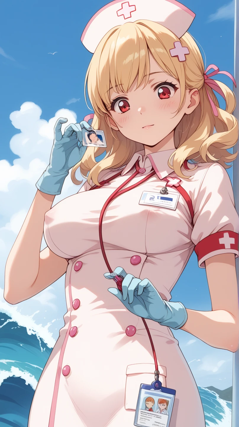 there is a cartoon nurse in a  looking down at her gloves, 1girl, , gloves, , id card, Blonde hair, , RED eyes, solo, WAVE hair, nurse, breasts, hair ornament, nurse cap, , hat, adjusting gloves, short sleeves, large breasts, pink ribbon, blush, covered nipples