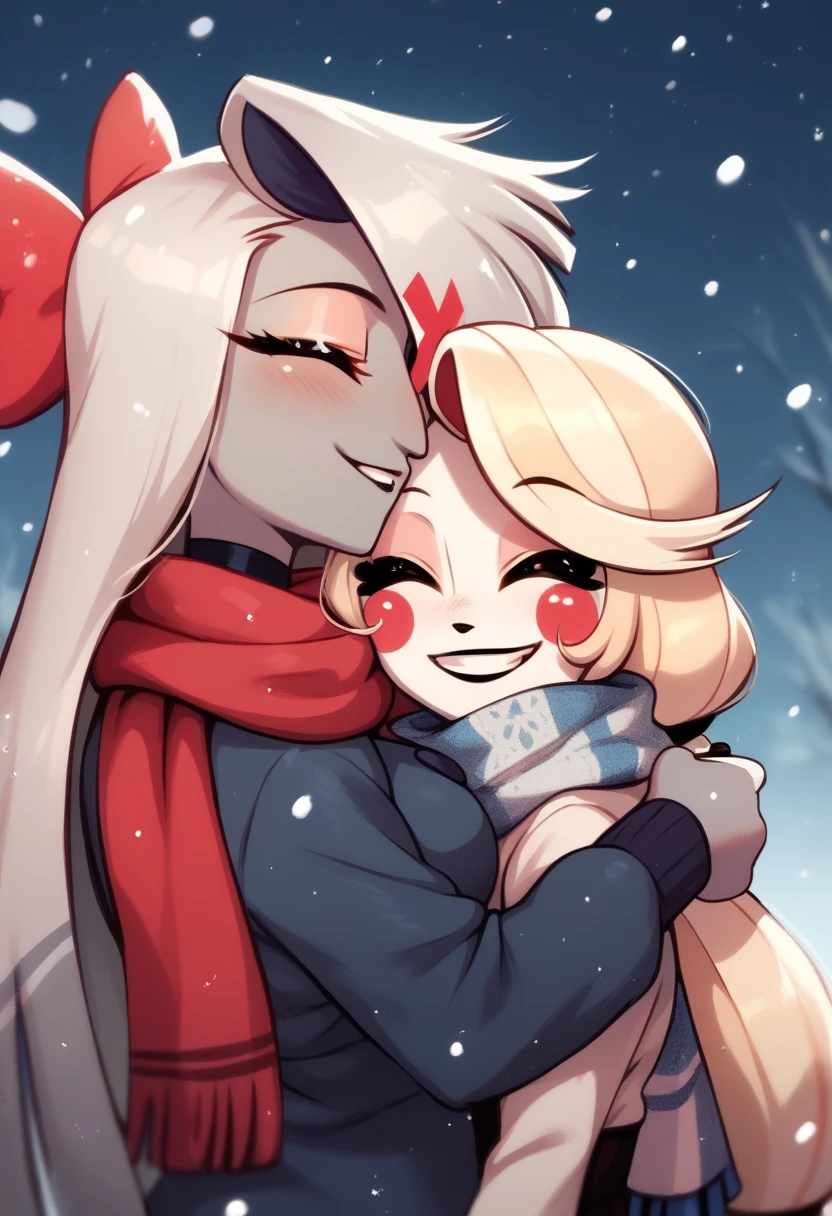 Charlie hugging Vaggie, cute, snowfall, snow, scarf, coffee,Vaggie smiling, Vaggie closed eyes, hugginh from behind, 2girls, love, upper body, 