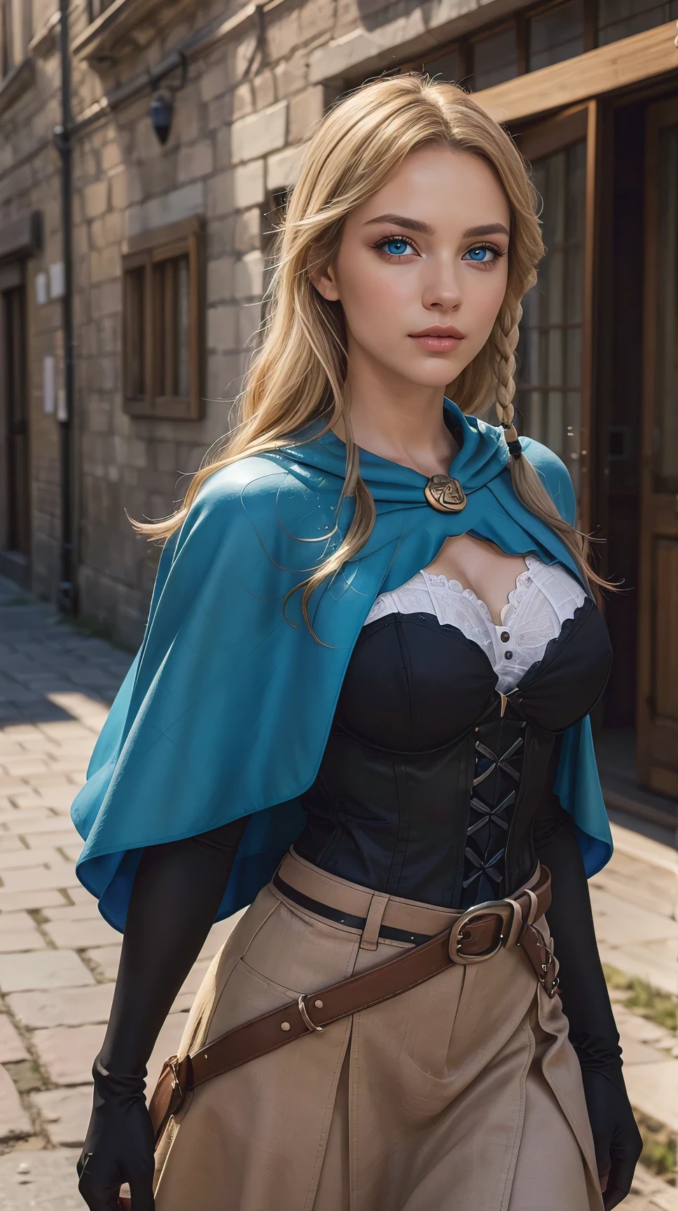 Cowboy shot, fashion photography, 1girl, Charlotte Roselei, solo, blonde hair, braid, blue eyes, long hair, cape, breasts, corset, belt, pouch, skirt, side braid, medium breasts, capelet, large breasts, lips, blue cape, gloves, dress, makeup, blush, dynamic pose, walking, looking at viewer, (masterpiece, best quality, highres:1.2), (photorealistic:1.2), (intricate and beautiful:1.2), detailed face, beautiful face, (detailed eyes, deep eyes), (outdoors, sky, cloud, old medieval village, day), (colorful, dynamic angle), (depth of field), (detailed light:1.2), (soft lighting, side lighting, reflected light), light passing through hair, (official art), (perfect skin), (sharp)