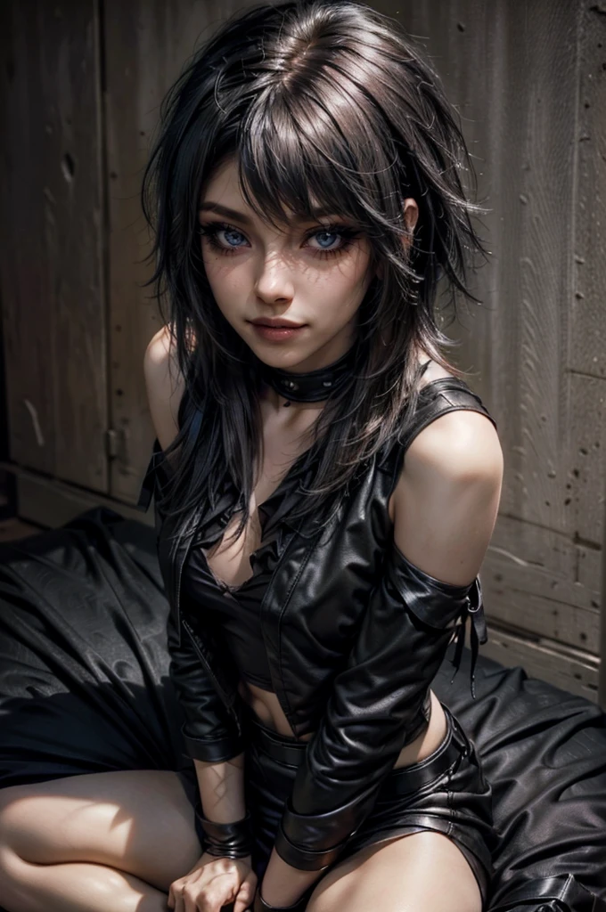 a beautiful young woman with short black emo-style hair, wearing a black semi-open shirt, a ruffled leather skirt, knee-high stockings, and leather boots, navel piercing, sitting in a butterfly pose on a bed, mascara, smokey eyeshadow, dark eyeliner, (best quality,4k,8k,highres,masterpiece:1.2),ultra-detailed,(realistic,photorealistic,photo-realistic:1.37),highly detailed portrait,dramatic lighting,soft focus,warm color tones,detailed facial features,beautiful detailed eyes,beautiful detailed lips,extremely detailed eyes and face,long eyelashes,sensual expression,moody atmosphere,luxurious bedroom interior,silk bedsheets,aesthetic,fashion photography,editorial style