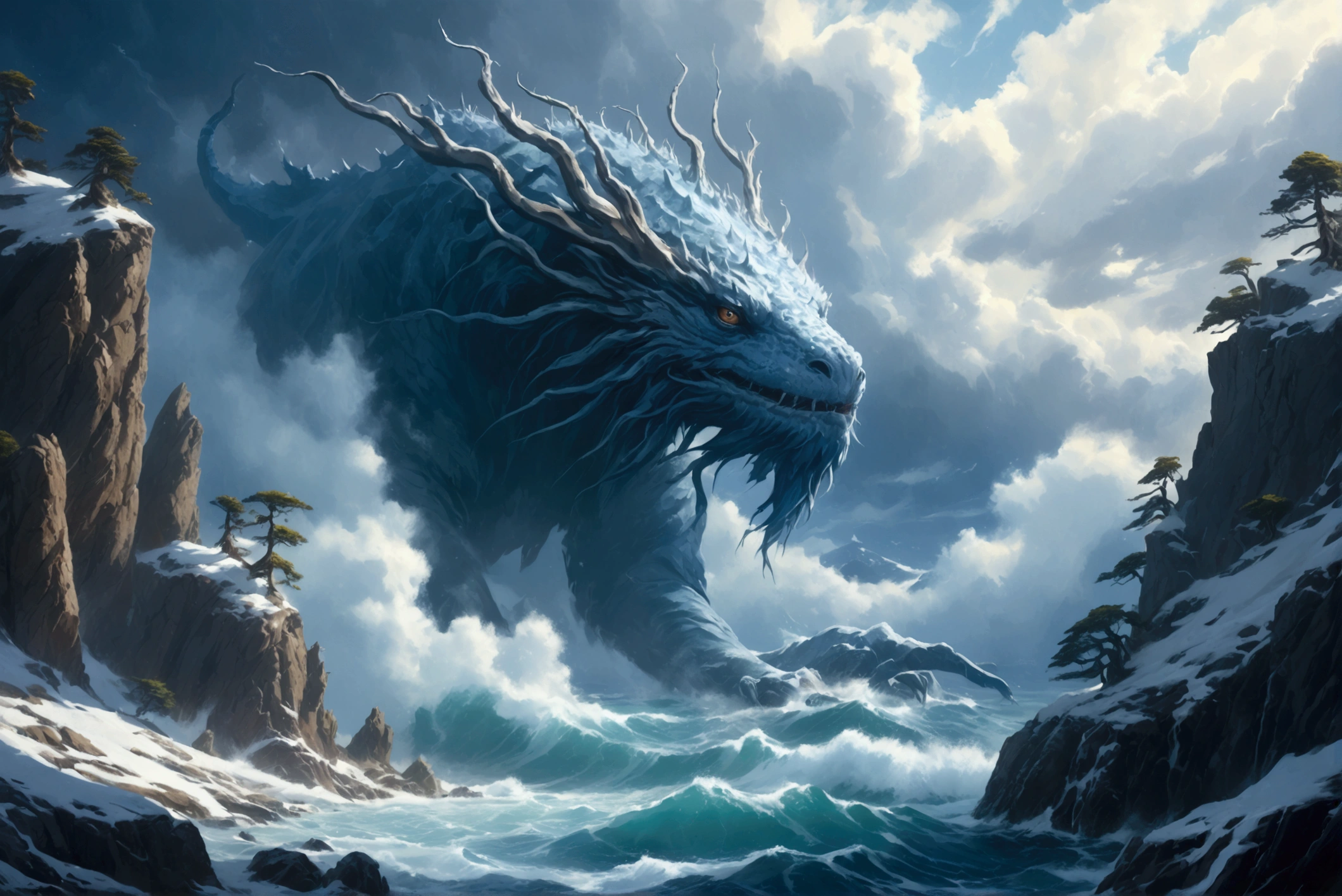  high snowy mountains ,  goes into the clouds, a huge cedar with many branches from the ground to the clouds, a tall tree ,   High Plateau  ,   A sprawling cedar grows on the plateau.  A huge creature with an elongated fish face emerges from the water,  with long straight legs and a thick tail , scaly. lots of air  , cliff, the waves of the sea are raging  .   the sky before the thunderstorm  ,   light through the clouds   .   reflections in the water  .   The Abyss of the Dark Sea  , 4K, concept art, fantasy, blue tones,  very detailed oil painting .  high view from above  .
