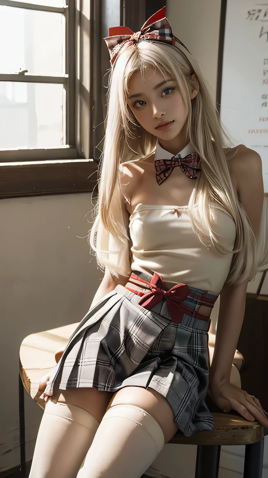 In a large mansion, in a steampunk world, in a sunset, sitting in a chair crossing her legs, nostalgic, looking at the horizon, a beautiful 18 year old woman, /(Pale white skin, extremely long pink hair combed in two pigtails and a lock over the left eye, violet eyes,), /(Hourglass shaped body, medium hips, medium waist, shapely legs, large chest, small hands, slender fingers, Greek nose, almond eyes,), (Victorian style clothing: black blouse with corset covering entire torso fastened with threads, short skirt with gray pleats and back pigtail, knee-high stockings, black knee-high boots, bow on head, rings on fingers, necklace, bracelets on wrists,),