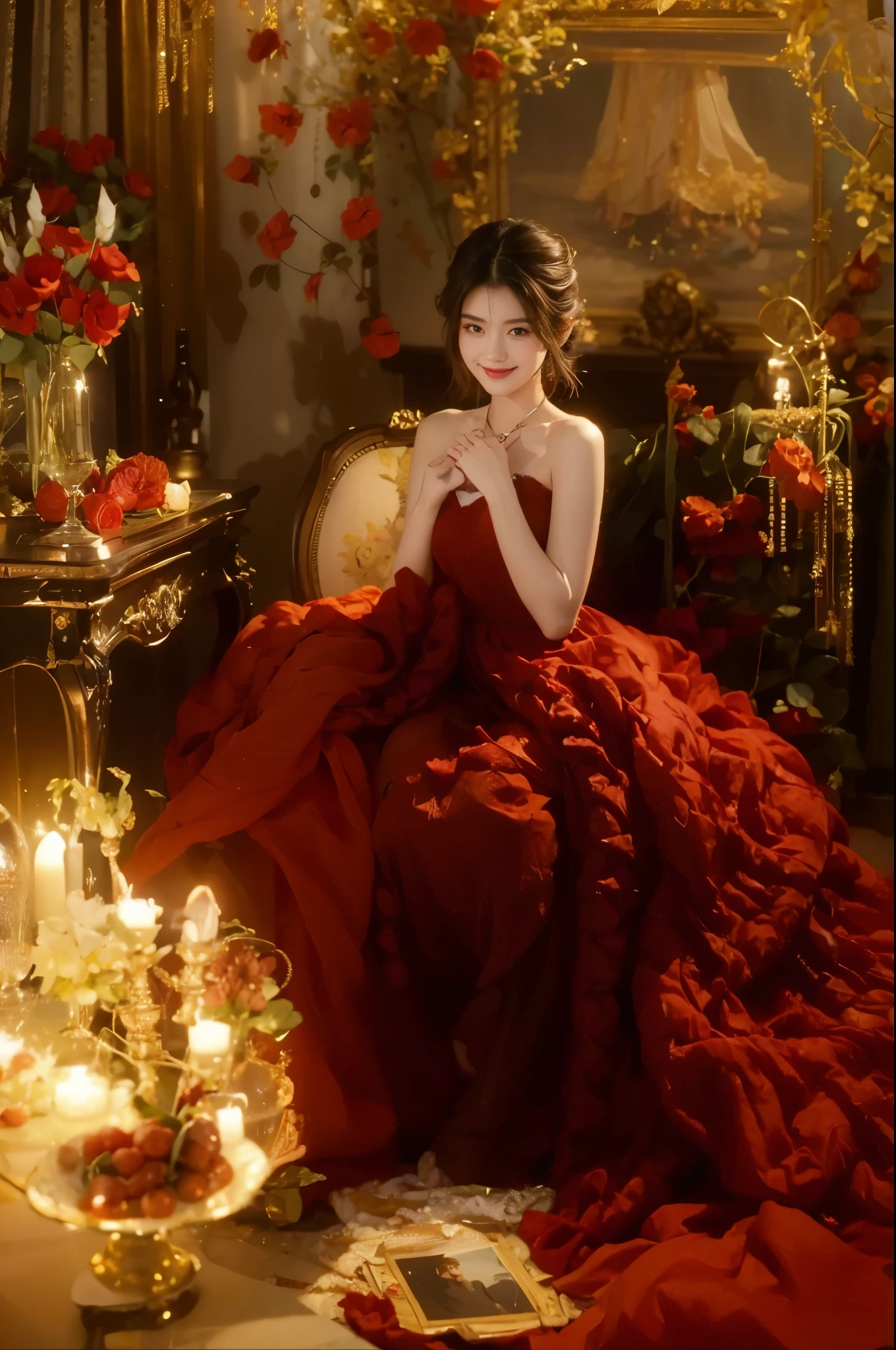 Araffe woman in a red dress sitting in a chair with a red dress - SeaArt AI