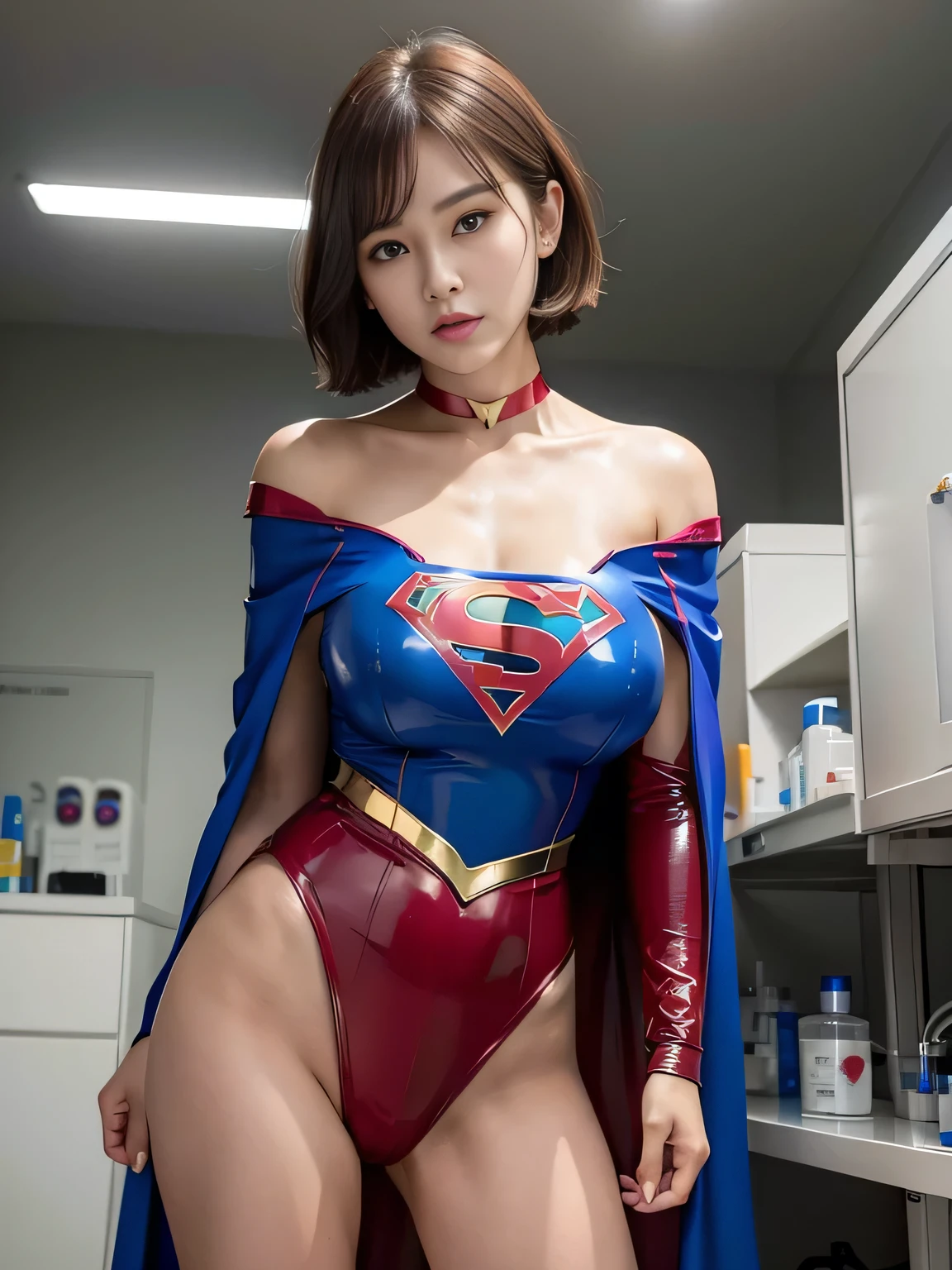 masterpiece、Rubber Supergirl Costume、short hair、barefoot、Big and ample breasts、looking at the camera、choker、Long sleeve、Cape、mini skirt、Off the shoulder、Sweaty skin、In front of laboratory equipment at the hospital、Photo magazine cover、Glamorous cleavage、Boasting beautiful legs、High leg leotard、Glamorous  legs、Nymphomaniac young wife in her 30s、Close-up shot from a close distance、