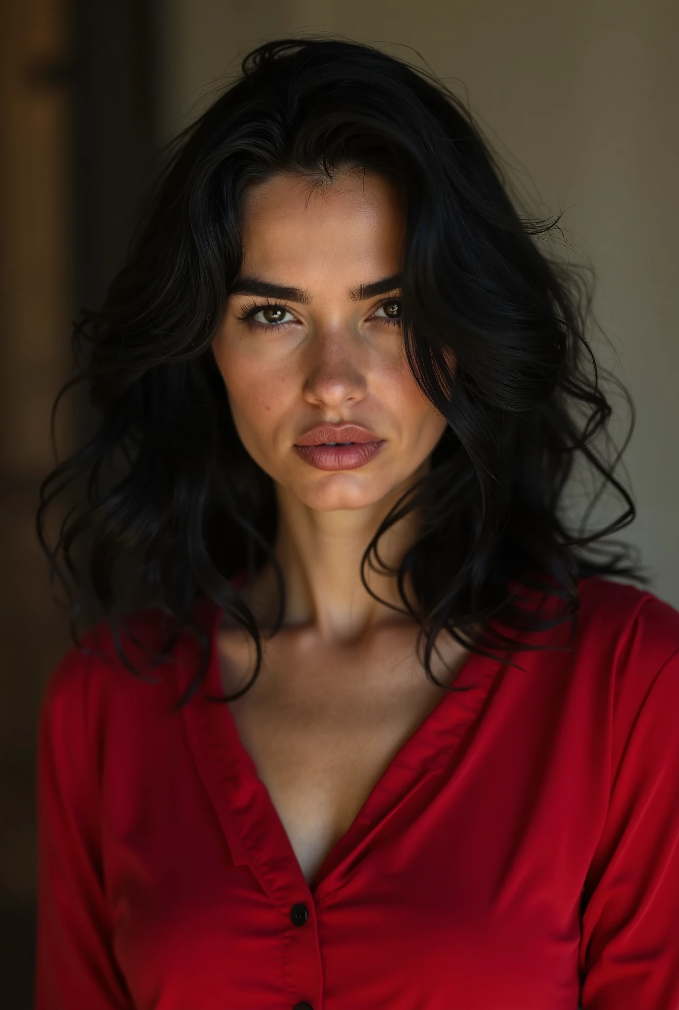 45-year-old Greek woman, (Greek goddess hecate), (face with Greek woman's features), long black hair, expressionless, windswept hair, black dress with red details, red lipstick, large detailed eyes, forest background, night (high detail skin: 1.2), 8k uhd, DSLR, soft light, high quality, film grain, 20mp, Fuji XT3, 80mm, Hasselblad