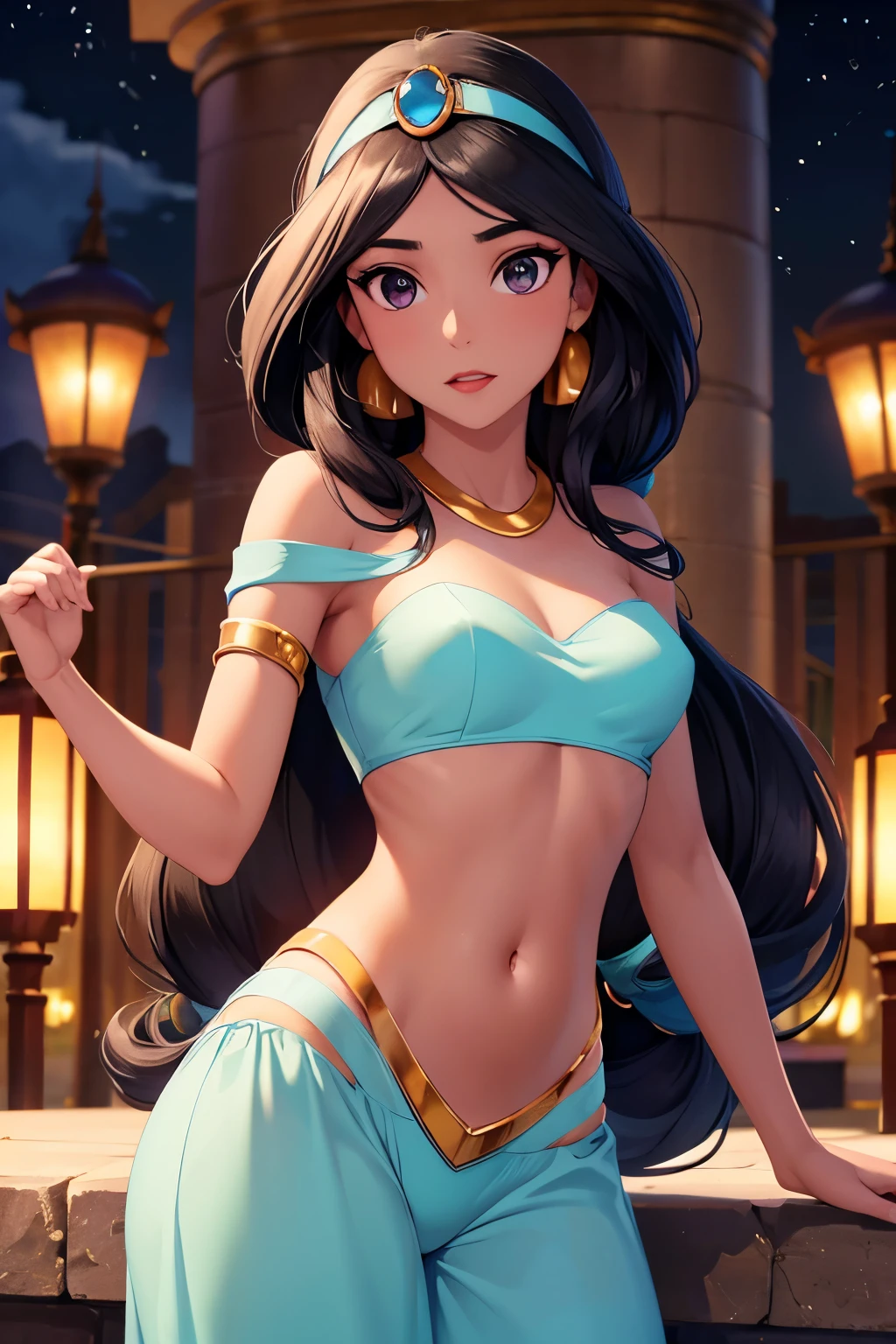 (8k, raw photo, masterpiece, extremely detailed, best quality, professional lighting, high res), BREAK beautiful and adorable girl, jasmine, jewelry, very long hair, dark hair, blue arabian clothes, wide pants, tiara, jewelry, very long hair, tanned skin, dark skin, BREAK arab, arabian night