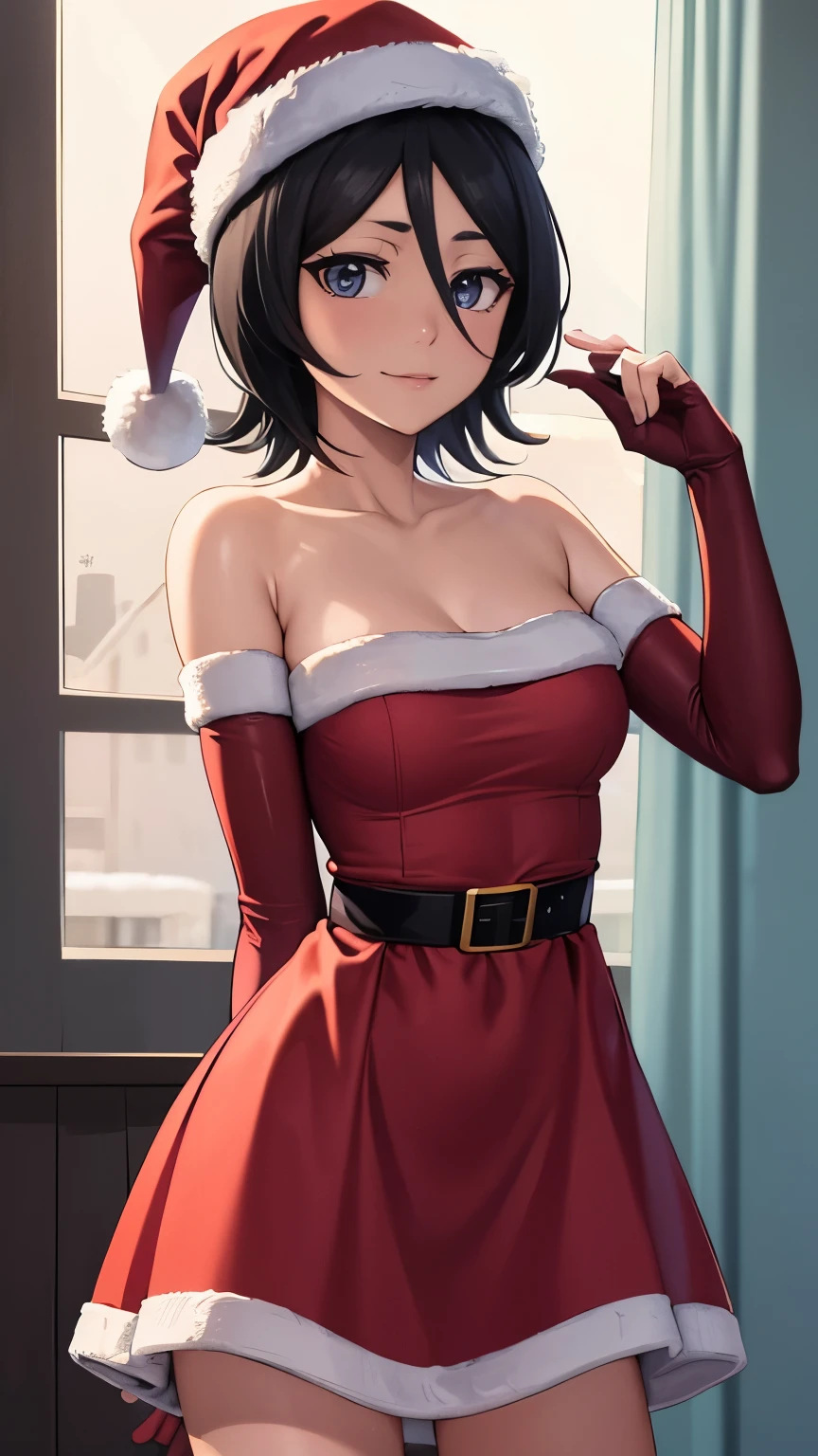 1girl, solo, masterpiece, best quality, high res, highly detailed, (illustration), beautiful detailed eyes,rukia, black hair ,glossy lips, light makeup, light smile, long white satin elbow gloves ,cowboy shot, (santa), red santa dress, santa hat