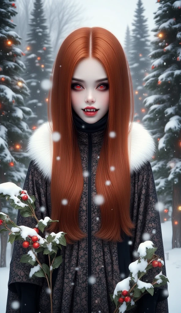  In the midst of a winter pine forest, a (mysterious (female (vampire))), (neat and tidy (long(auburn hair))), opal red eyes, (open mouth:1.9) (fangs:1.9), (tongue:1.9). holding a branch of holly. red (warm coat) with white fur collar. lacy aesthetic. christmas aesthetic. snowy background with pine trees, christmas decorations and lights.  red and white. vampcol