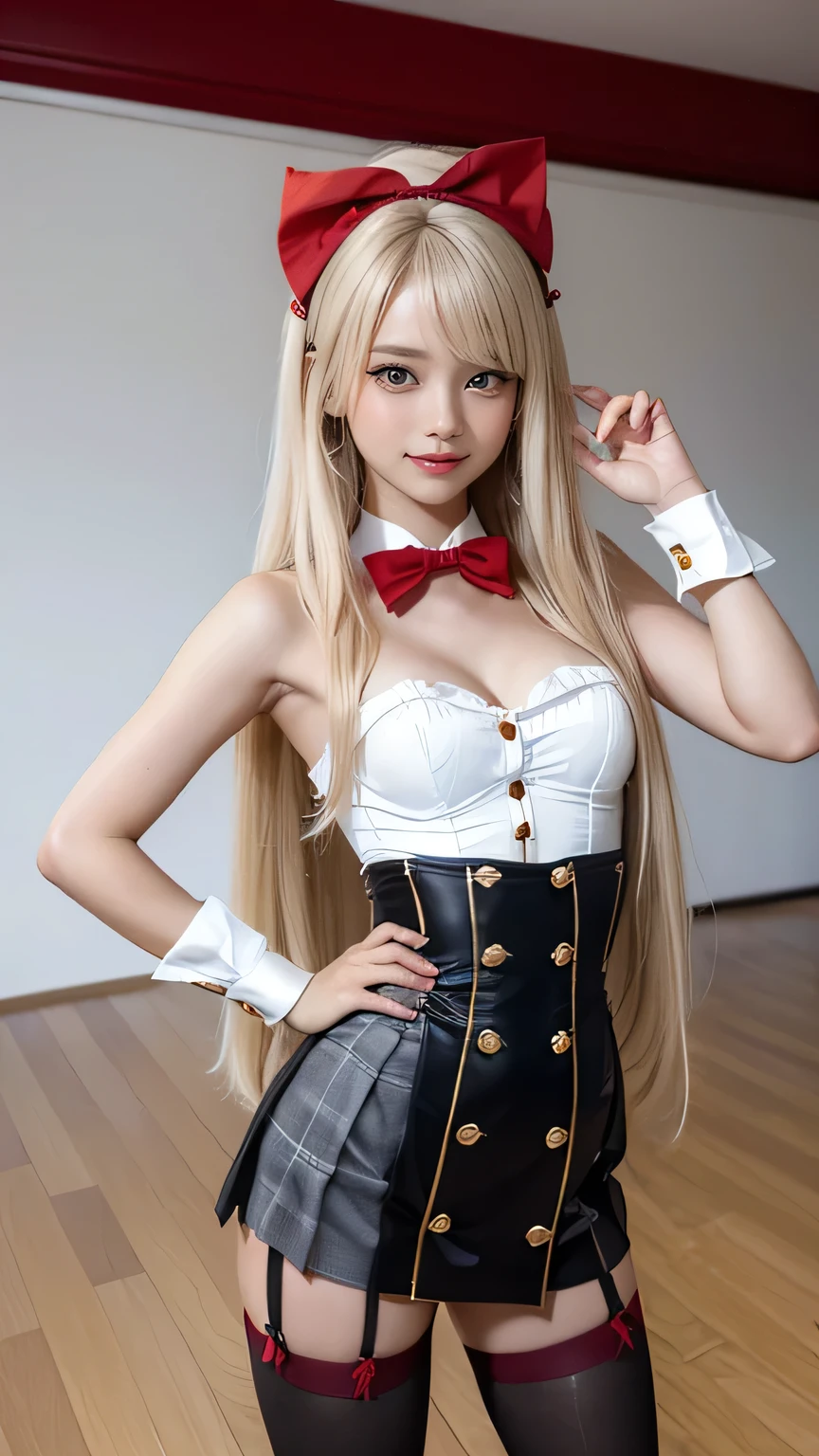 Non-NSFW、Genuine, ( masterpiece on penis),( top quality) 、 super high resolution、 RAW photo、Genuine、 Smooth professional lighting 、 staring at the camera 、alone、 girl、cute girl、 Super Beauty 、 (褐色の肌)、Perfect model figure、 blue eyes、 big eyes、Inconspicuous tear bags、(Small waist), (Waist-length hair:1.6),beautiful fingers、( Very Long Hair :1.5)、beautiful, Vivid Photos by Emily Soto , clavicle , (immature:1.3), attractive, (smile:1.2), ( Big Breasts ), ( Platinum Blonde Hair :1.2), ( headband:1.1), ( Red Plain Bow Tie :1.4), small butt, School, in the classroom, (White bustier-style design shirt with buttons at the front and a plunging neckline:1.3), (Vintage-style short black corset with two rows of gold decorative buttons:1.1), (Black and grey checked miniskirt:1.1), ( black tights:1.2), (Multiple cute poses:1.4),(standing:1.2)