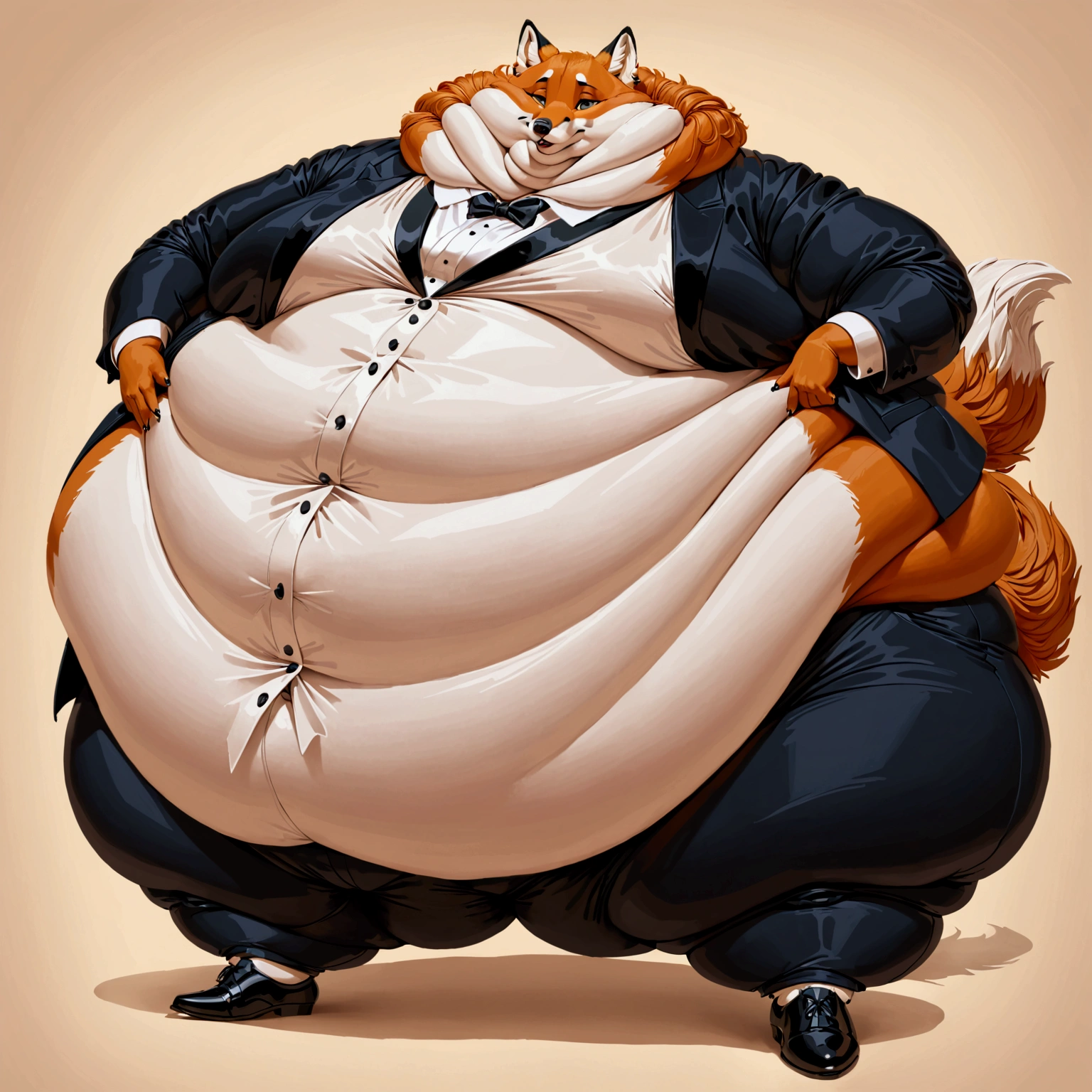 Very extremely morbidly-Obese Fox with unbelievably very very very extremely massive overhang white belly, wears shoes, butler, Flexing, scars on the face. 