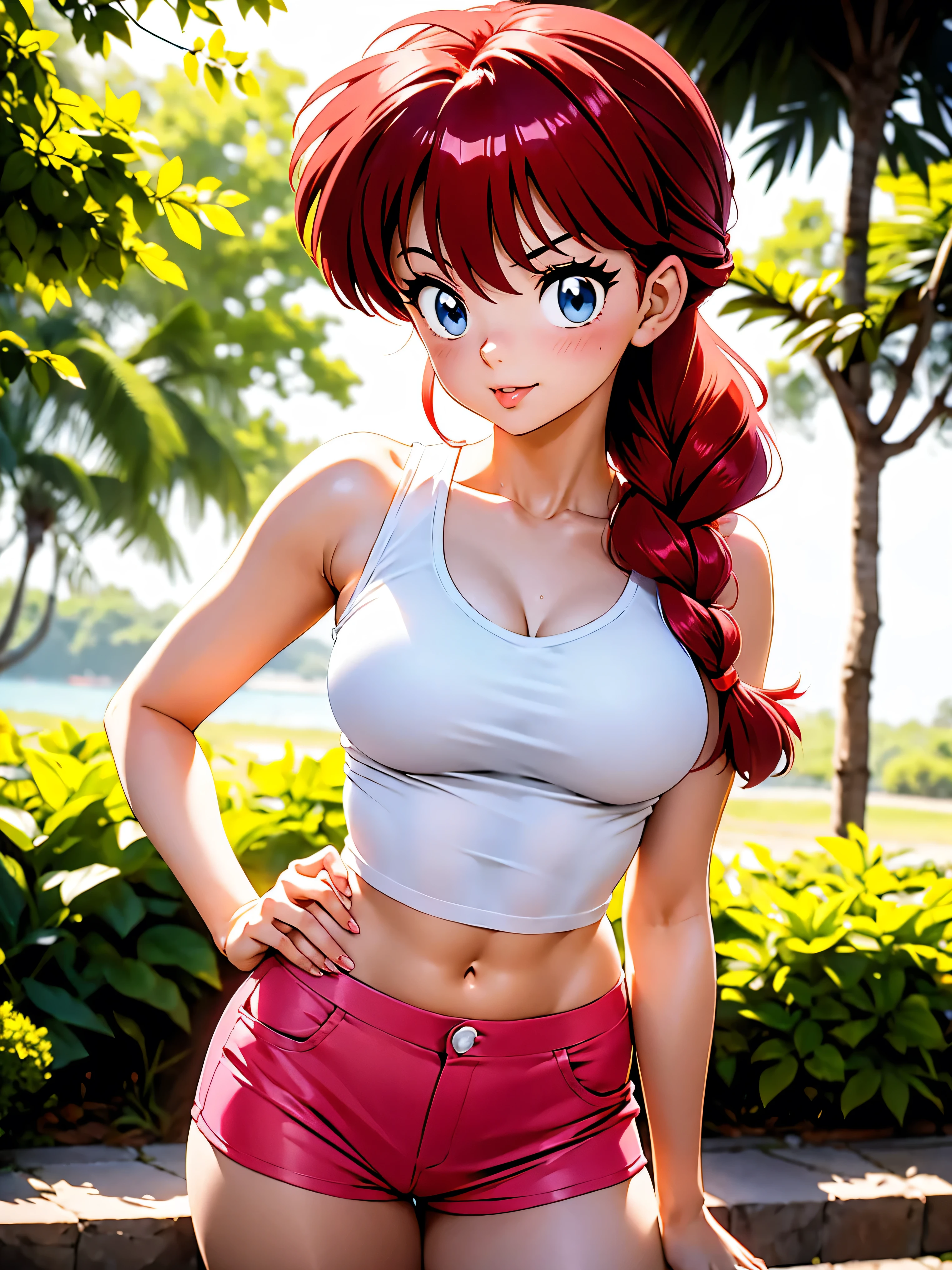 Sexy Anime Girl with Red Hair, hair with braid, wearing pink translucent shorts and a wet white tank top, white tank top, s, cute cute body, cute breasts, sexy girl, redhead and braid, strands of hair on the side of the face, beautiful lighting, soft shadows, blue eyes, beautiful legs, Anime style, ranma chan, Autora Rumiko Takahashi, Based on a work by Rumiko Takahashi, Anime Ranma 1/ 2, sexy, robust hip, full body, sexy bust, young woman with beautiful and gorgeous body, garota de s jovem baixa estatura, usando short sexy, wearing a white tank top, anime girl, anime styling, sexyposture, big eyes, sexy facial expression, showing tongue, posing in a garden