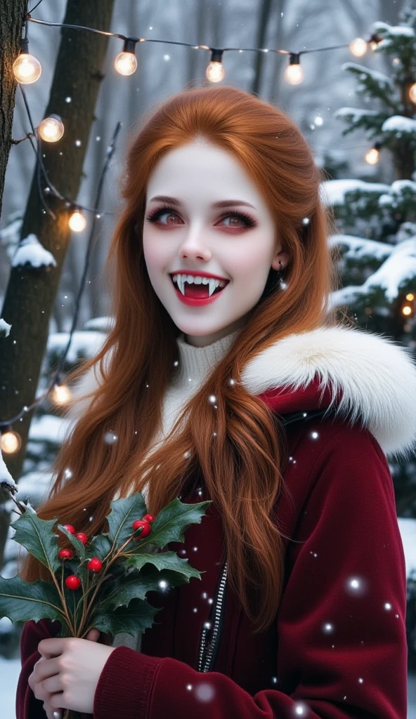  In the midst of a winter pine forest, a (mysterious (female (vampire))), (neat and tidy (long(auburn hair))), opal red eyes, (open mouth:1.9) (fangs:1.9), (tongue:1.9). holding a branch of holly. red (warm coat) with white fur collar. lacy aesthetic. christmas aesthetic. snowy background with pine trees, christmas decorations and lights.  red and white. vampcol