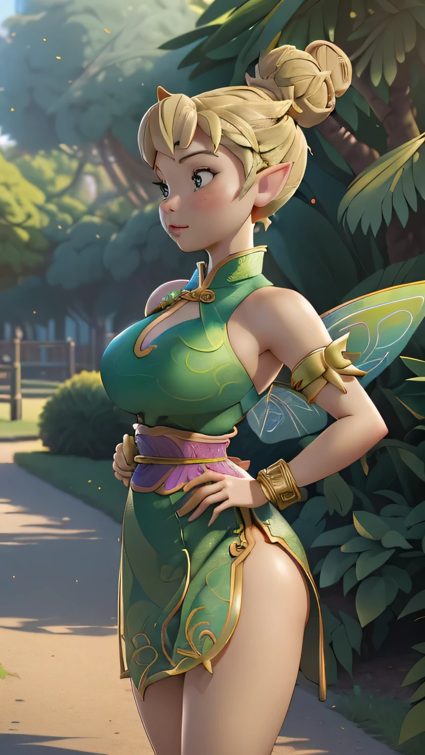 (Full body photo:1.7), (One/TinkerBellWaifu/Woman/with very transparent fairy wings:1.5), (Big breasts:1.7), (Wearing fairy costume made of green leaves/leather belt at waist:1.3), (Looking at the viewer/smiling:1.3), (She's inside a wooden goblin house underground:1.7), (She's got fulfilled blonde hair fastened with leaf clip:  1.5), (dark blue eyes: 1.5), (extremely tight/extremely transparent costume: 1.8), (doing sensual poses while standing: 1.2), (award-winning, UHD, anime, high detail, 16k, high quality, masterpiece)