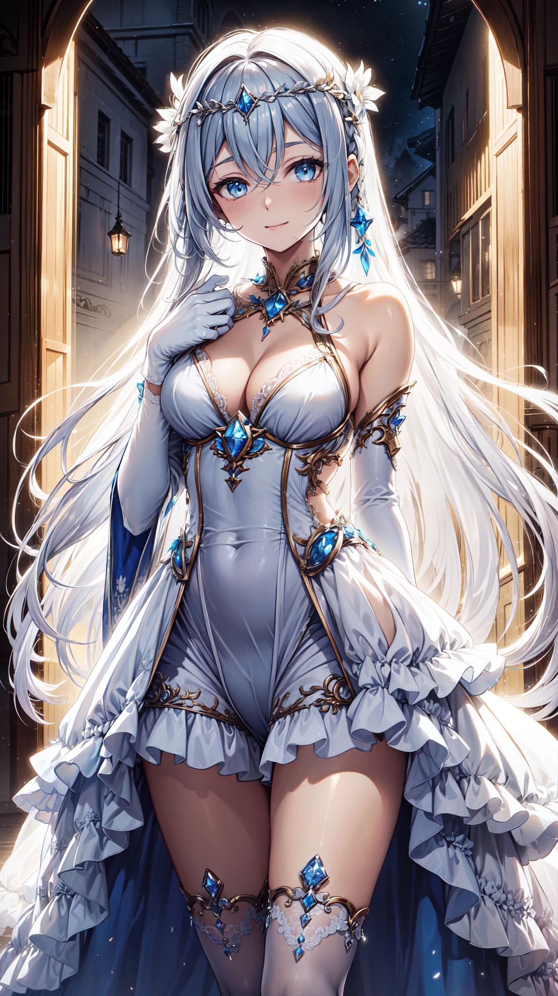 Saint，Single，Attractions， Have Fun ，in love，( white robe with transparent pajamas，Revealing the body )，(White ruffle gloves)，Silver Hair， blue eyes ，Sacred headdress， transparent lace ，Dress nicely，，European bedroom，(night:1.1)， delicate and beautiful face and eyes， cowboy shooting perspective