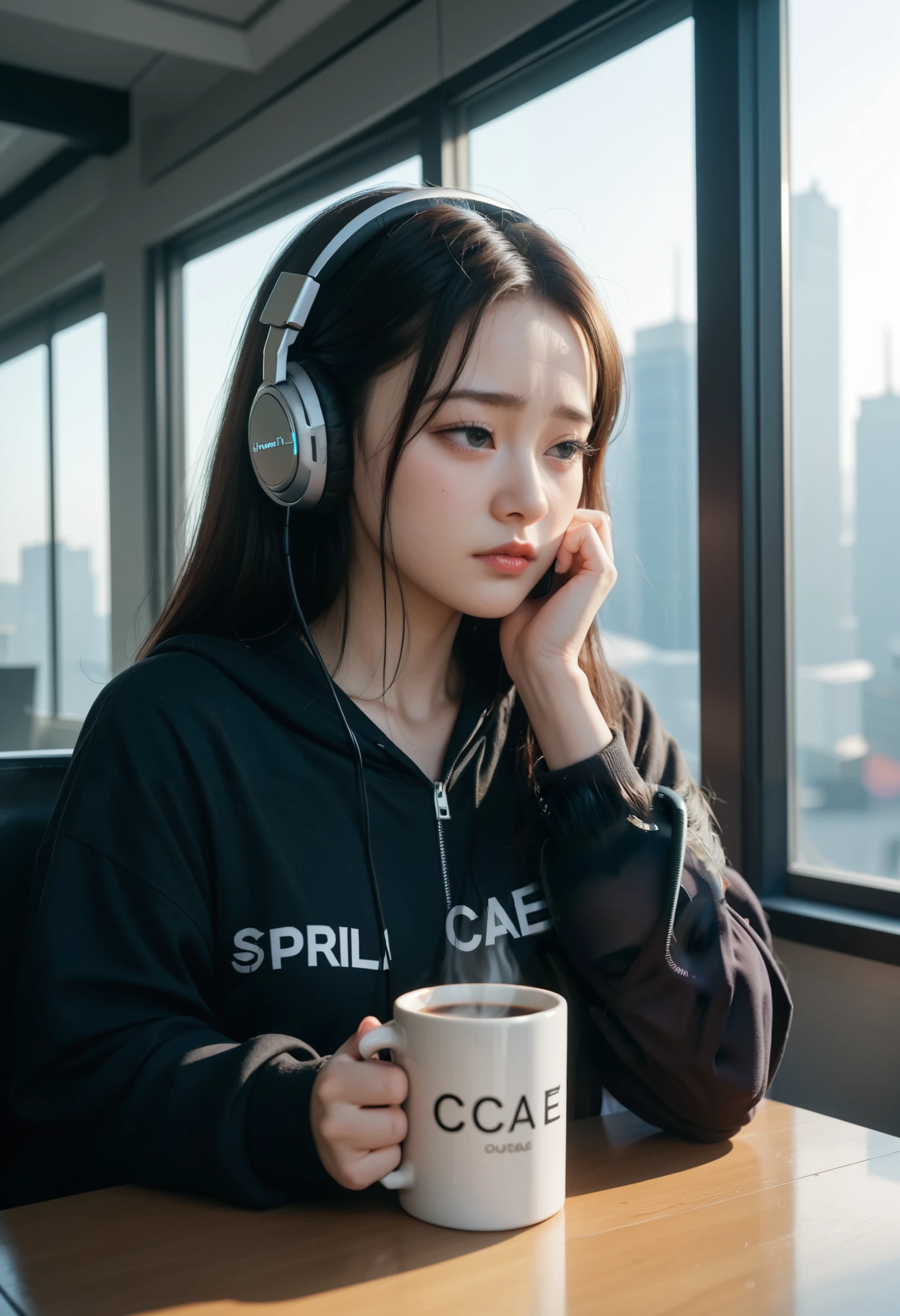 Cyberpunk,Pointillism,best quality,highly detailed,1girl,drkgirl,headphones,sad expression,leaning on hand,holding smartphone,window reflection,coffee mug with NEKO text,Korean text message,soft lighting,cozy cafe atmosphere,framed by window,diffused light
