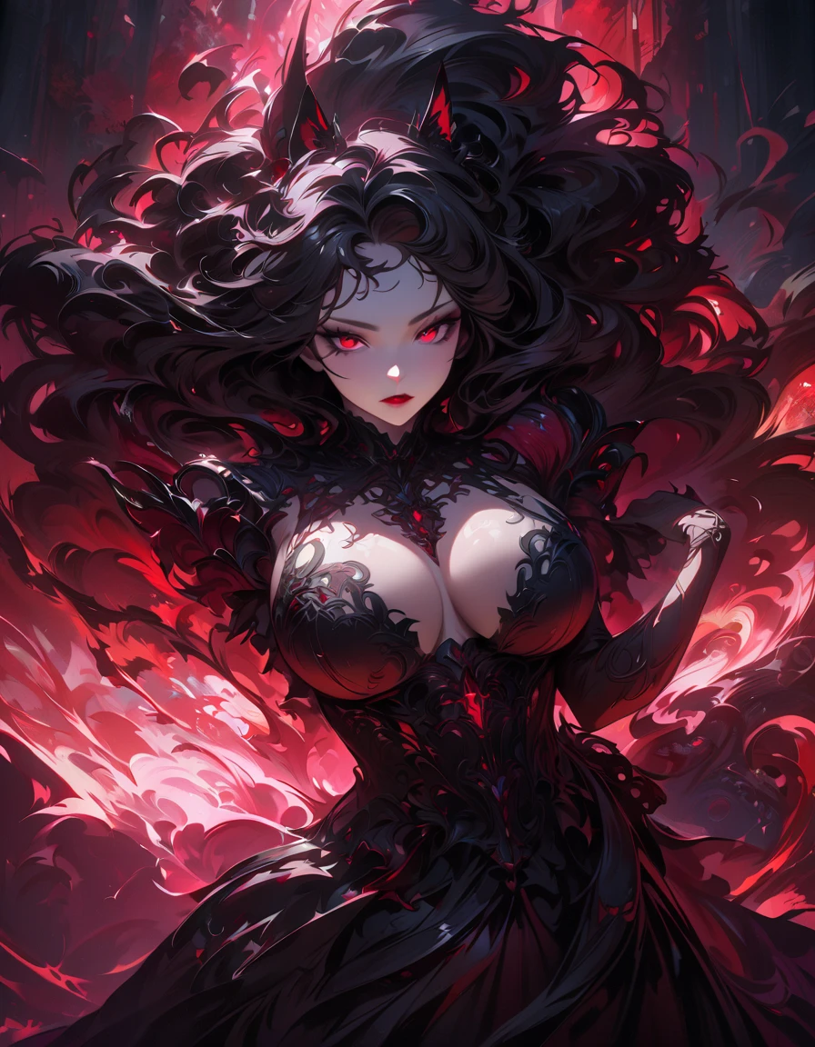 Masterpiece, Very detailed, ultra detailed, one, (1 woman), She is in absidian armor in the form of a dress with white details and in an elegant pose, super mature, Tall, milf style, Mature mother, super long hair, black hair and bangs on the side, black thin draconic horns, Beautiful, Charming, bright dragon black eyes, elegant, Big breasts (Huge, torn), cheerful breasts, lustful smile, Charming, dark background, futuristic setting on Huge dark-black hell fire and fog background.