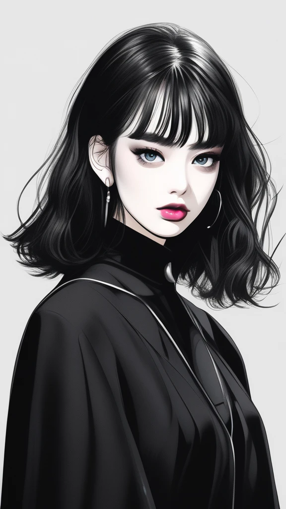 (best quality,4k,8k,highres,masterpiece:1.2),ultra-detailed,(realistic,photorealistic,photo-realistic:1.37),1 girl,detailed lips,black dress,custom,neon hair,textured cropping,style retro classic,noir dark,art,sketch book,bob hair black:1.75,neon:1.32,bad women,dark shadows,illustrator,anime,background dark monochrome