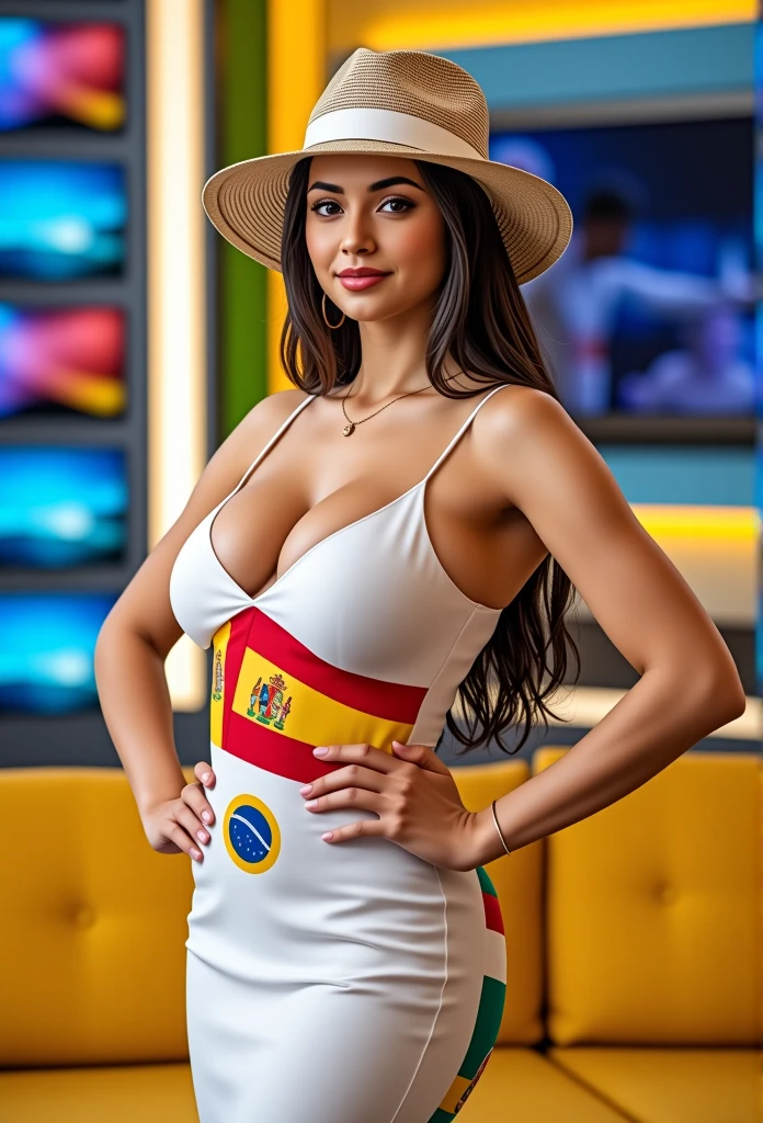 A woman in a white dress covered in world flags, a wide-brimmed hat, and a confident pose, stands in a brightly lit, studio-like setting with vibrant colors, a large TV screen, posters, and a plush, mustard-yellow couch; the scene evokes a vibrant sports program or talk show, capturing the atmosphere and visual elements of the original photograph.