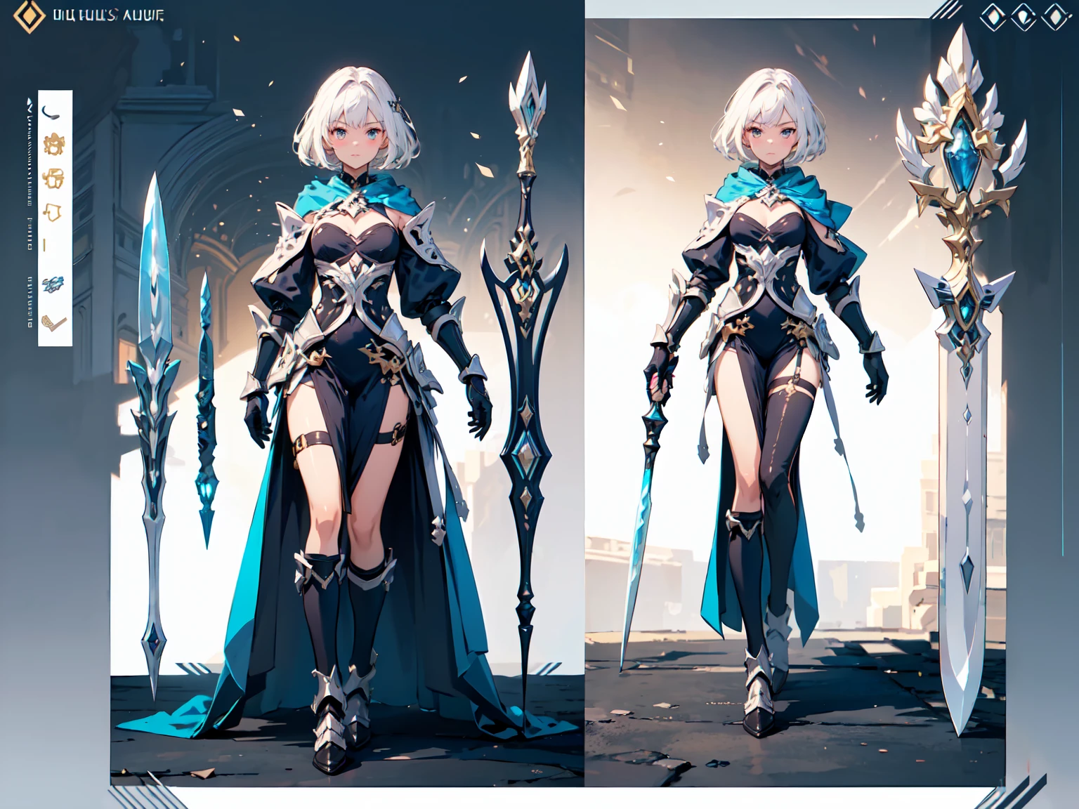 ((masterpiece, best quality)), Detailed face, character design sheet，1 female,Profession：swordsman， 30 years old,（ dungeon & Warrior characters)，wearing armor，complete body， character design sheet，white hair， luxurious，Lots of accessories，with sword，leather armor，3 angle view, Front view, side view, Rear view