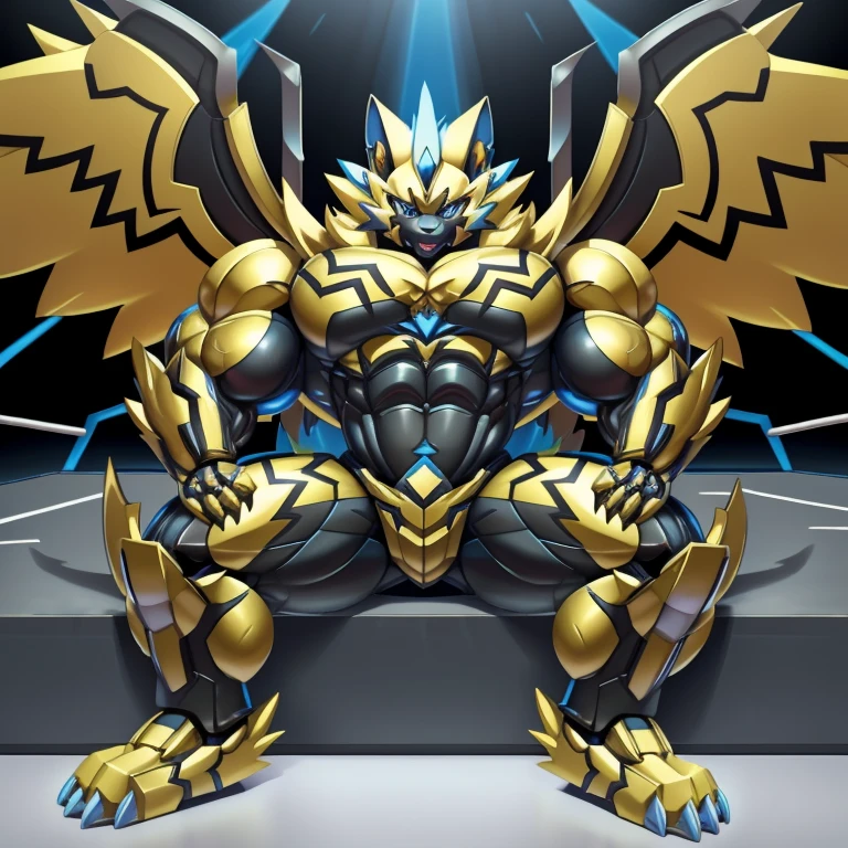 (ZERAORA, 8K), (Zeraora's giant robot, Powered exoskeleton with the same design as Zeraora), (Masterpiece, highres) (Detailed head, Detailed Body, Detailed abs, full body) (gigantic muscles, Gigachad Muscular, big muscle, pecs, triceps, traps, unusually developed muscular body, body full of huge muscles. showing off muscles, pectorales enormes, Exaggeratedly huge muscles.) (nj5furry, The claws are sharp, Sharp teeth, sharp claws), (long legs), (Spread wings, It has wings, have big wings, golden wings), (Wrestling, wrestler, the bodybuilding), (It has wings, whole body shines like metal, Wearing cyberpunk mecha, emphasizes the muscles, suit fully made of metal, intricate armor, Robotic suit, suit fully made of metal, cyborg), menacing pose, sitting on the throne, An arrogant expression. destroying city.