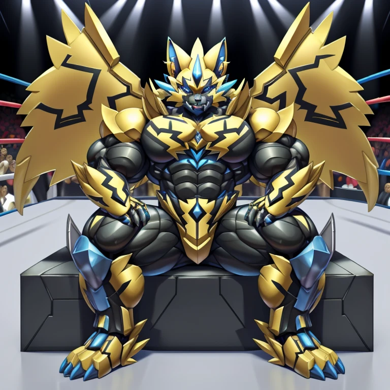 (ZERAORA, 8K), (Zeraora's giant robot, Powered exoskeleton with the same design as Zeraora), (Masterpiece, highres) (Detailed head, Detailed Body, Detailed abs, full body) (gigantic muscles, Gigachad Muscular, big muscle, pecs, triceps, traps, unusually developed muscular body, body full of huge muscles. showing off muscles, pectorales enormes, Exaggeratedly huge muscles.) (nj5furry, The claws are sharp, Sharp teeth, sharp claws), (long legs), (Spread wings, It has wings, have big wings, golden wings), (Wrestling, wrestler, the bodybuilding), (It has wings, whole body shines like metal, Wearing cyberpunk mecha, emphasizes the muscles, suit fully made of metal, intricate armor, Robotic suit, suit fully made of metal, cyborg), menacing pose, sitting on the throne, An arrogant expression. destroying city.