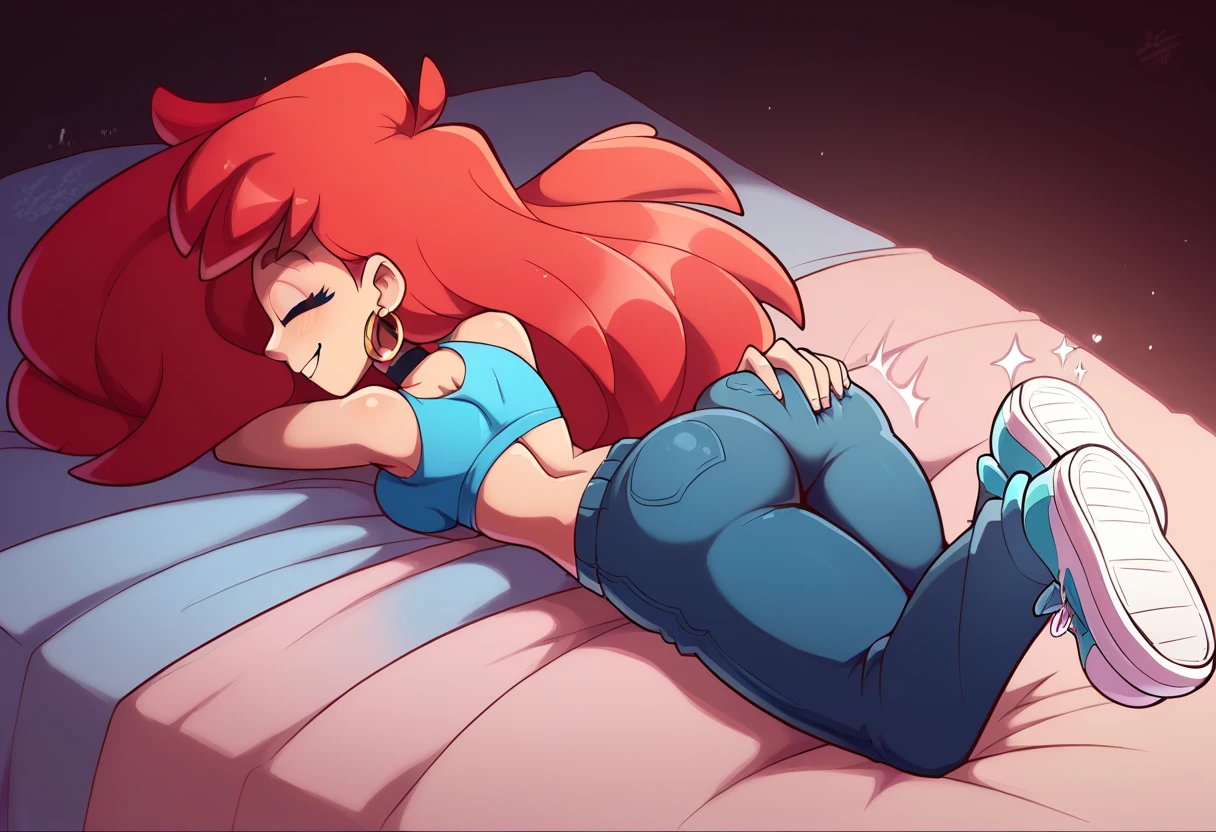 full body, chelseatk, 1girl, long hair, red hair, blue eyes, crop top, choker, hoop earrings, sparkle pants, sneakers, upper body, ass-up, face-down, straight-on, lying, on stomach, in Bed showing her butt, spread ass, Heart-beating Sfx, eyes closed, Cute Smile, butt shaking, twerking. Gyrating, ((bedroom)), ass close up