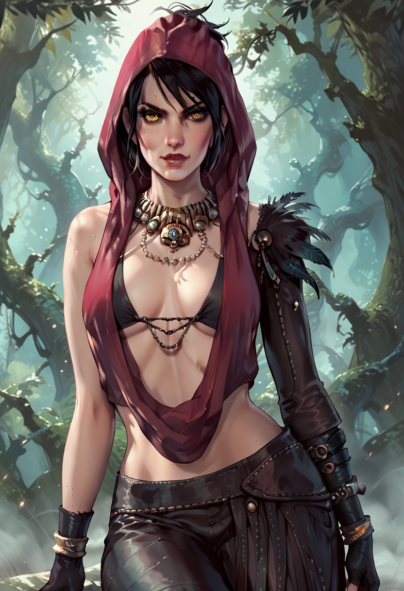 MorriganDA, 1girl, solo, jewelry, yellow eyes, bikini top only, breasts, hood, necklace, bikini, swimsuit, navel, black hair, gloves, makeup, hands on hips, medium breasts, lipstick, fingerless gloves
<lora:epi_noiseoffset2:1>,  <lora:MorriganDA:0.7>