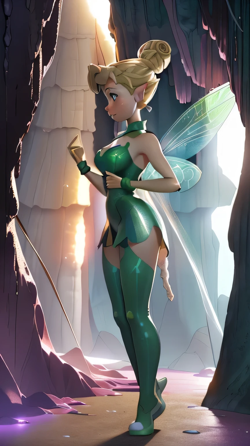 (((Backview))), (masterpiece, top quality, best quality, official art, beautiful and aesthetic:1.2), (1girl:1.3), (Tinkerbell), (Disney), blonde hair, extremely detailed, portrait, ((navel cutout)), (slendered abs:1.4), bravel, fairy from Peter Pan, (Aletta ocean face), (wings protrude from back back muscles), looking at viewer, solo, (full body:0.6), detailed background, close up, blue eyes, (cool castle theme:1.1), (((white skin, fairy wings, shiny skin, (bandaged hand gloves, bandaged fingers), fairy woman, spread out fairy wings, charlatan, sinister smirk, mysterious, shapeshifting in a castle, revealing tube dress, long lime green heels, long boots, buckles, straps, pouches, collar, sleeveless, lime green latex, ((((breasts, cleavage, skindentation)))), slim waist, slim hips, long legs, fantasy (castle interior:1.1) background, dark mysterious lighting, shadows, magical atmosphere, dutch angle