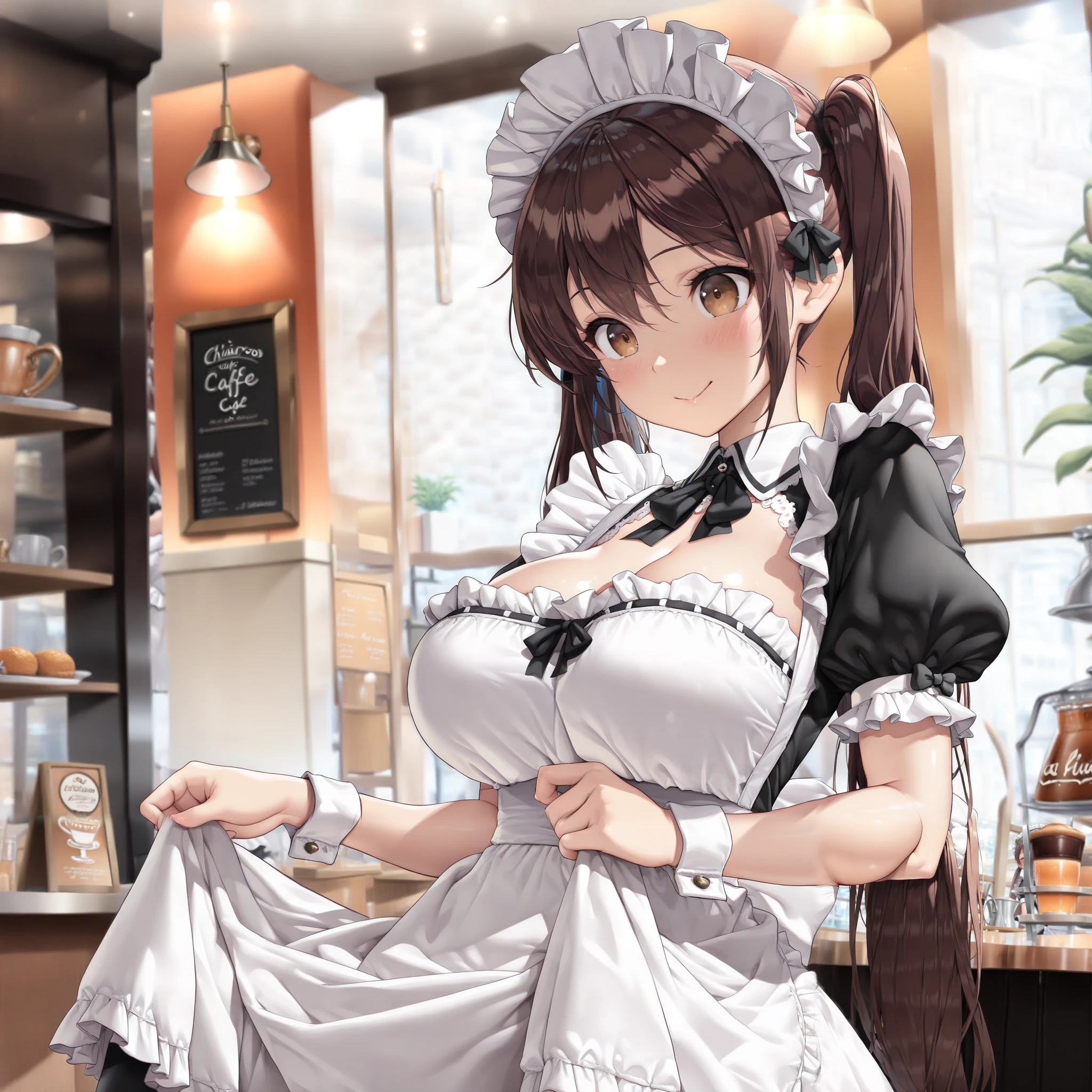 cute maid girl, maid costume, headdress, apron, twintail hair, large breasts, short sleeves, puffy sleeves, A big smile, blush, flawless smooth skin, indoors, Fashionable cafe, (best quality,4k,8k,highres,masterpiece:1.2),ultra-detailed,intricate details, high fashion, dramatic lighting, warm colors, chiaroscuro