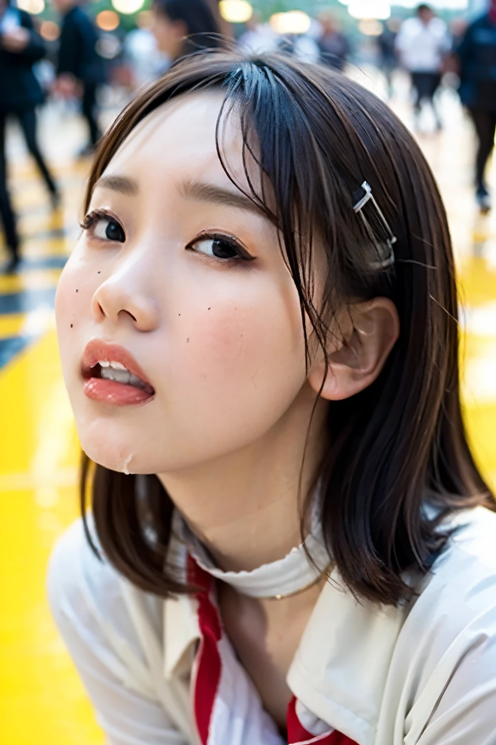 nsfw, Fascinating face , Face Focus , opening wider,A lot of semen in the mouth:0.5,(happy),Off the street, Seductive Women,On the floor,throw, look up at viewers , White collar shirt , school cardigan in the midst of crowds,Adult women,Small cleavage