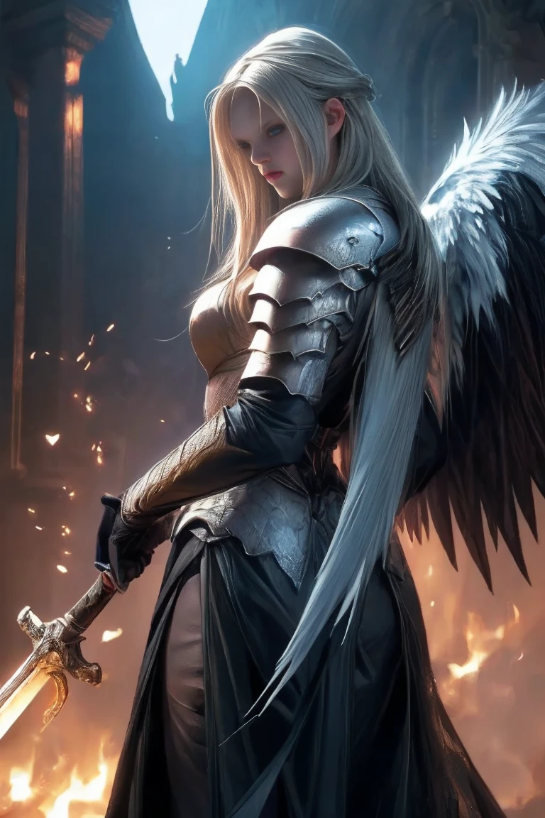 a woman in armor holding a sword and a sword, angel knight gothic girl, villainess has black angel wings, detailed fantasy art, angel knight girl, epic fantasy art style hd, 4k fantasy art, dark armor, stunning armor, hd fantasy art, deathknight, 8k fantasy art, highly detailed fantasy art, wow 4 k detail fantasy, dark angel