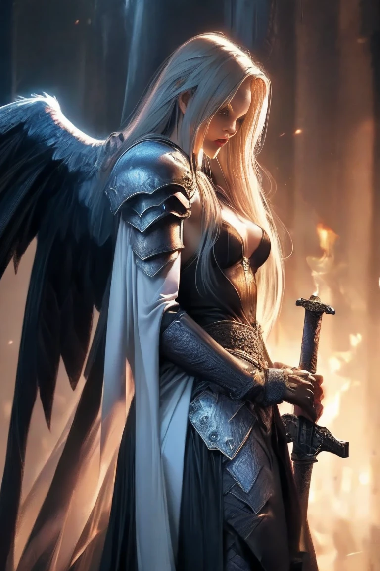 a woman in armor holding a sword and a sword, angel knight gothic girl, villainess has black angel wings, detailed fantasy art, angel knight girl, epic fantasy art style hd, 4k fantasy art, dark armor, stunning armor, hd fantasy art, deathknight, 8k fantasy art, highly detailed fantasy art, wow 4 k detail fantasy, dark angel