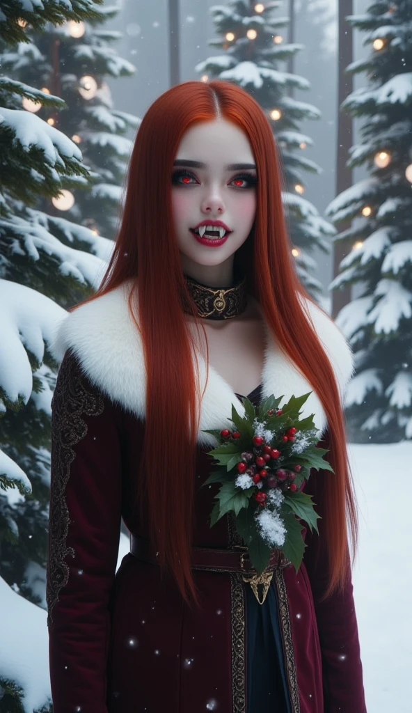  In the midst of a winter pine forest, a (mysterious (female (vampire))), (neat and tidy (long(auburn hair))), opal red eyes, (open mouth:1.9) (fangs:1.9), (tongue:1.9). holding a branch of holly. red (warm coat) with white fur collar. lacy aesthetic. christmas aesthetic. snowy background with pine trees, christmas decorations and lights.  red and white. vampcol