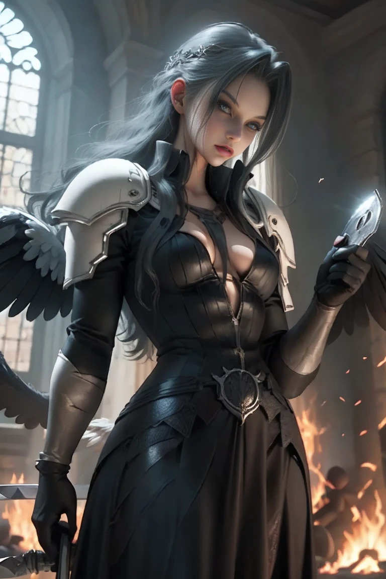 a woman in armor holding a sword and a sword, angel knight gothic girl, villainess has black angel wings, detailed fantasy art, angel knight girl, epic fantasy art style hd, 4k fantasy art, dark armor, stunning armor, hd fantasy art, deathknight, 8k fantasy art, highly detailed fantasy art, wow 4 k detail fantasy, dark angel