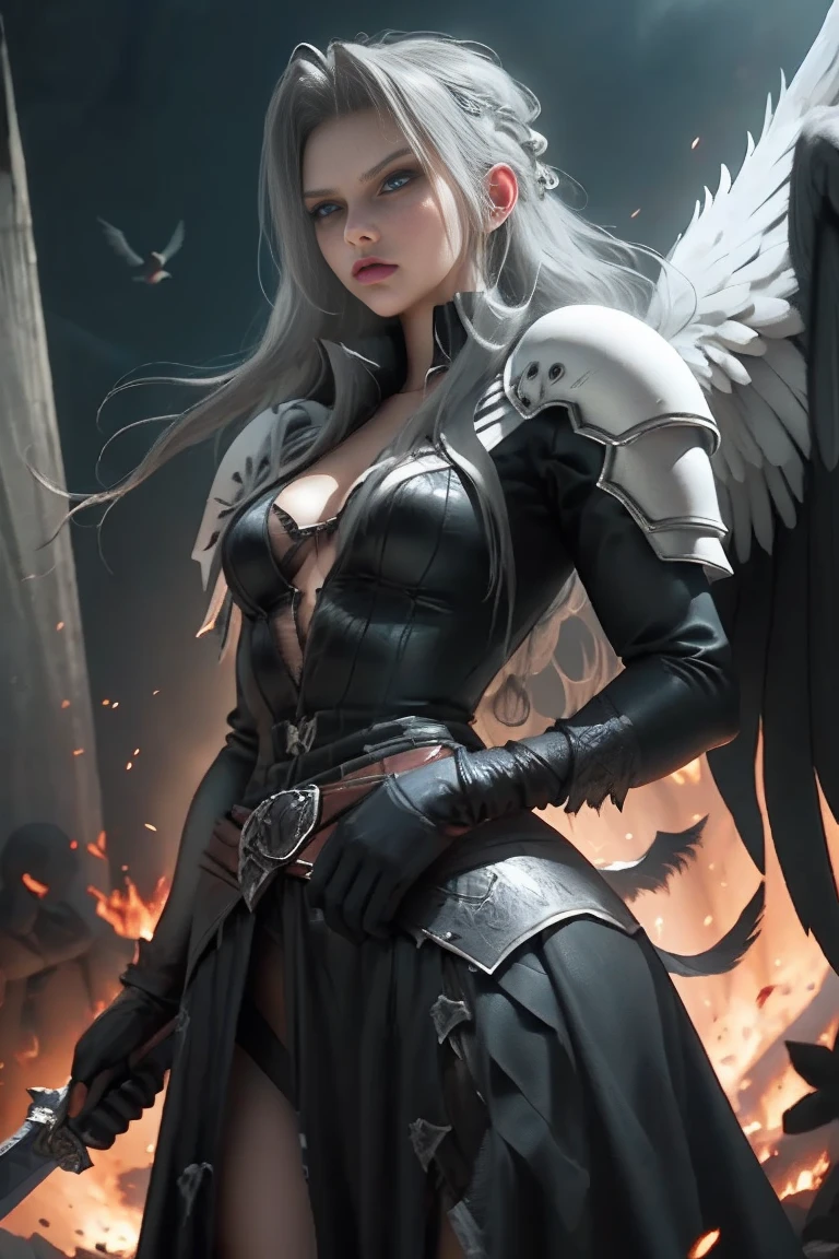 a woman in armor holding a sword and a sword, angel knight gothic girl, villainess has black angel wings, detailed fantasy art, angel knight girl, epic fantasy art style hd, 4k fantasy art, dark armor, stunning armor, hd fantasy art, deathknight, 8k fantasy art, highly detailed fantasy art, wow 4 k detail fantasy, dark angel