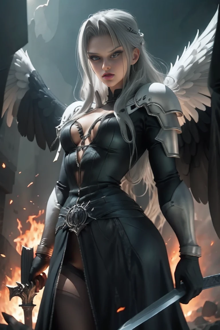 a woman in armor holding a sword and a sword, angel knight gothic girl, villainess has black angel wings, detailed fantasy art, angel knight girl, epic fantasy art style hd, 4k fantasy art, dark armor, stunning armor, hd fantasy art, deathknight, 8k fantasy art, highly detailed fantasy art, wow 4 k detail fantasy, dark angel