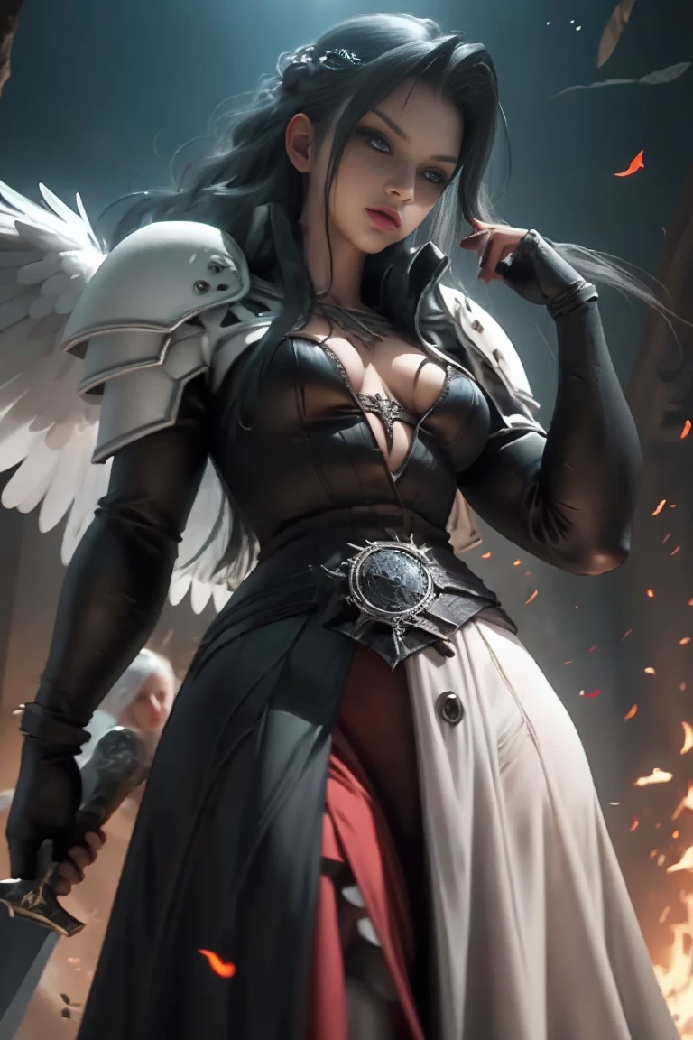 a woman in armor holding a sword and a sword, angel knight gothic girl, villainess has black angel wings, detailed fantasy art, angel knight girl, epic fantasy art style hd, 4k fantasy art, dark armor, stunning armor, hd fantasy art, deathknight, 8k fantasy art, highly detailed fantasy art, wow 4 k detail fantasy, dark angel