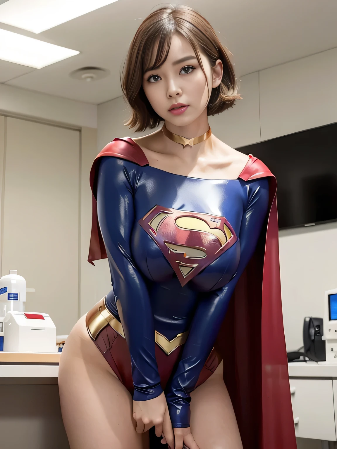 ​masterpiece,Supergirl Costume, short-hair, bare-legged, large full breasts,surgery room、Operating table、straddle、depraved、shiny、Looking at the camera、seduces