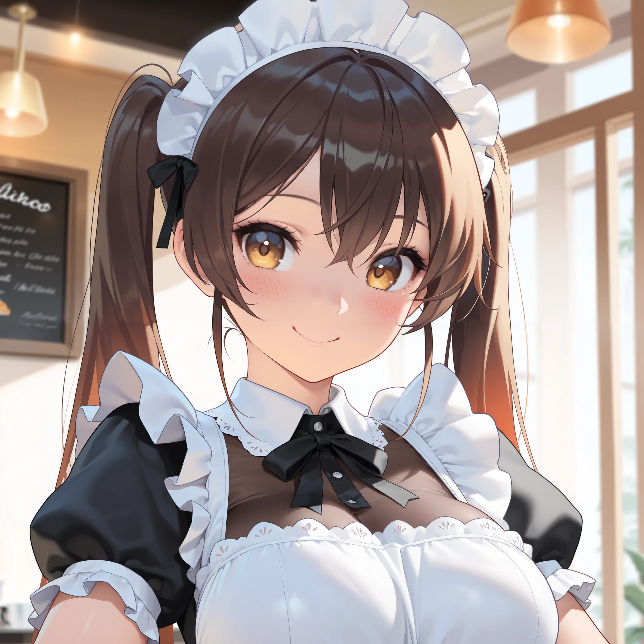 portrait, cute maid girl, maid costume, headdress, apron, twintail hair, large breasts, short sleeves, puffy sleeves, A big smile, blush, flawless smooth skin, indoors, Fashionable cafe, (best quality,4k,8k,highres,masterpiece:1.2),ultra-detailed,intricate details, high fashion, dramatic lighting, warm colors, chiaroscuro