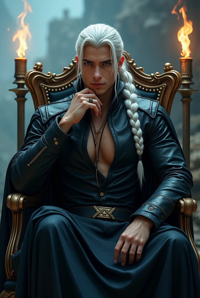 Create a handsome and attractive prince of hell, that has long white hair, that has blue-purple eyes, Leave her chest exposed with some tattoos and put on a long, semi-transparent black robe with gold embroidery, that he has leather pants with a belt, Put a bracelet on his arm too. Let him sit in an elegant black chair with thorns and diamonds and hold a glass of black wine in his right hand.