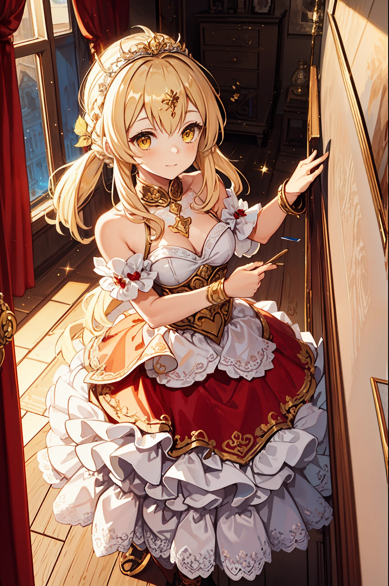 Teenage Girl， charming，gorgeous，In Love ，sacred，( Yellow and White Princess Skirt :1.3)，blond，klee， red eyes， Minimalism ， Multi-layer exquisite ruffles ，Lots of Lace，( Lines on clothes :1.2)，( Exquisite clothing :1.1)，(Multi-layer Skirt ),Princess Crown， Perspective tulle garment ， Beautiful detailed face ， Bedroom scene in Western mythology， movie lights ，night，Single， Metallic Decoration ，lace,(shine:1.2), ( Best Quality ), (masterpiece:1.2)