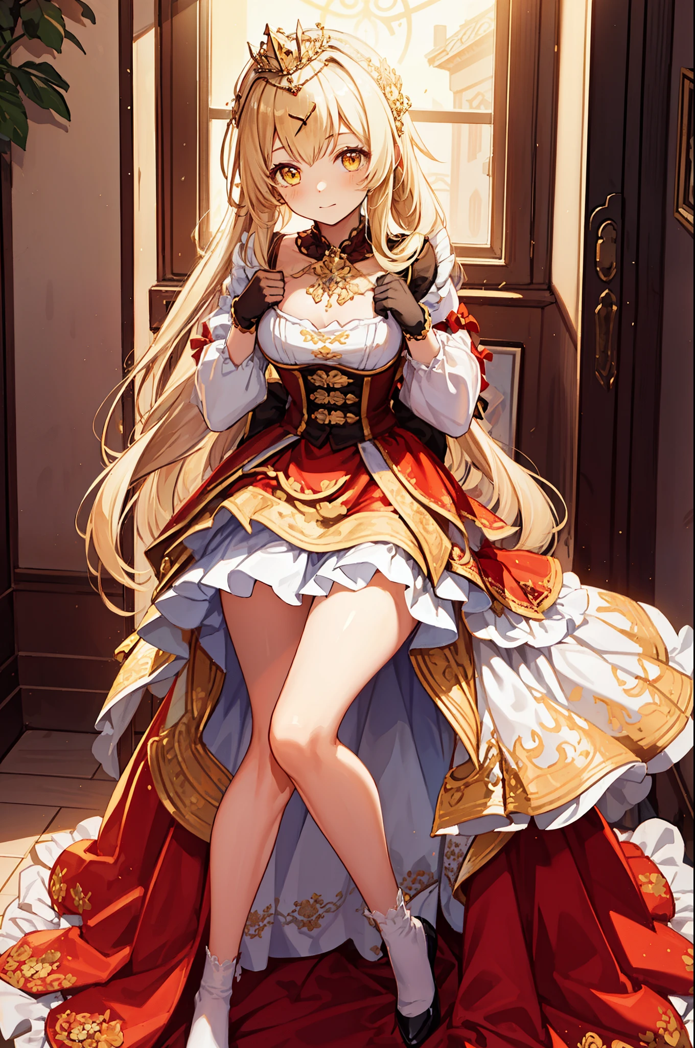 Teenage Girl， charming，gorgeous，In Love ，sacred，( Yellow and White Princess Skirt :1.3)，blond，klee， red eyes， Minimalism ， Multi-layer exquisite ruffles ，Lots of Lace，( Lines on clothes :1.2)，( Exquisite clothing :1.1)，(Multi-layer Skirt ),Princess Crown， Perspective tulle garment ， Beautiful detailed face ， Bedroom scene in Western mythology， movie lights ，night，Single， Metallic Decoration ，lace,(shine:1.2), ( Best Quality ), (masterpiece:1.2)