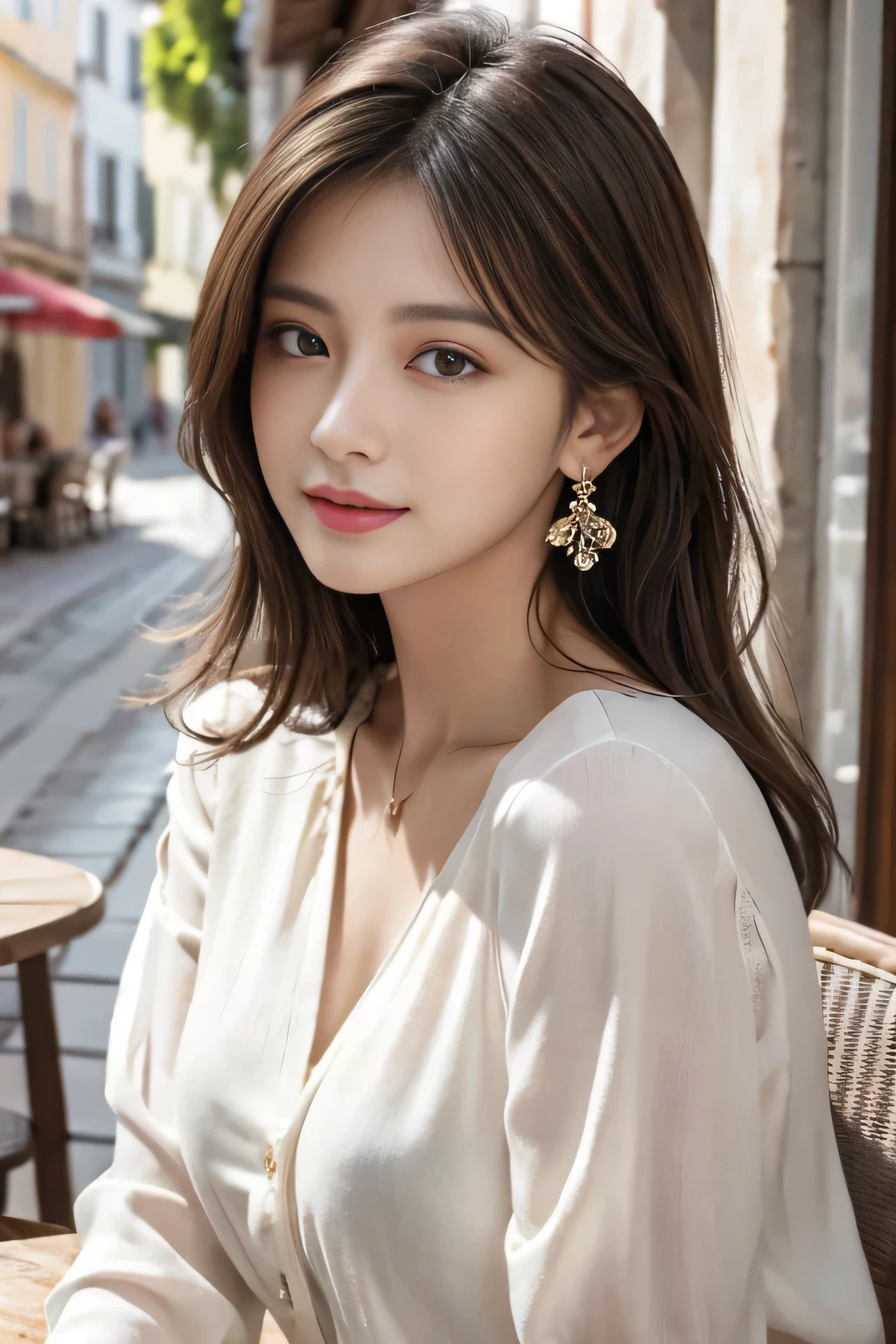 masterpiece, Highest quality, Realistic, Very detailed, Finer details, High resolution, 8k wallpaper, One beautiful woman,Wear a nice suit, On a wonderful cafe terrace, At noon, Light brown messy hair, Perfect dynamic composition, Beautiful and beautiful eyes、Big earrings、