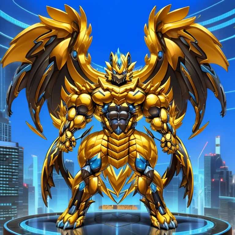 (ZERAORA, 8K), (Zeraora's giant robot, Powered exoskeleton with the same design as Zeraora), (Masterpiece, highres) (Detailed head, Detailed Body, Detailed abs, full body) (gigantic muscles, Gigachad Muscular, big muscle, pecs, triceps, traps, unusually developed muscular body, body full of huge muscles. showing off muscles, pectorales enormes, Exaggeratedly huge muscles.) (nj5furry, The claws are sharp, Sharp teeth, sharp claws), (long legs), (Spread wings, It has wings, have big wings, golden wings), (It has wings, whole body shines like metal, Wearing cyberpunk mecha, emphasizes the muscles, suit fully made of metal, intricate armor, Robotic suit, suit fully made of metal, cyborg), menacing pose,  An arrogant expression. destroying city.