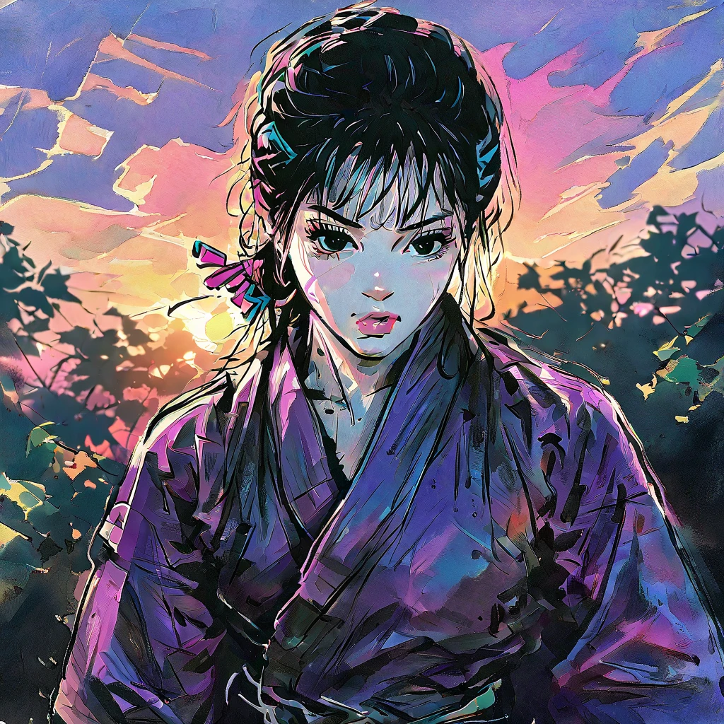 a female martial artist, black eyes, perfect face, hair clips in her hair, training at sunset, extended shadow, sharp shadows, beautiful rich colors, solid colors, masterpiece, best quality 