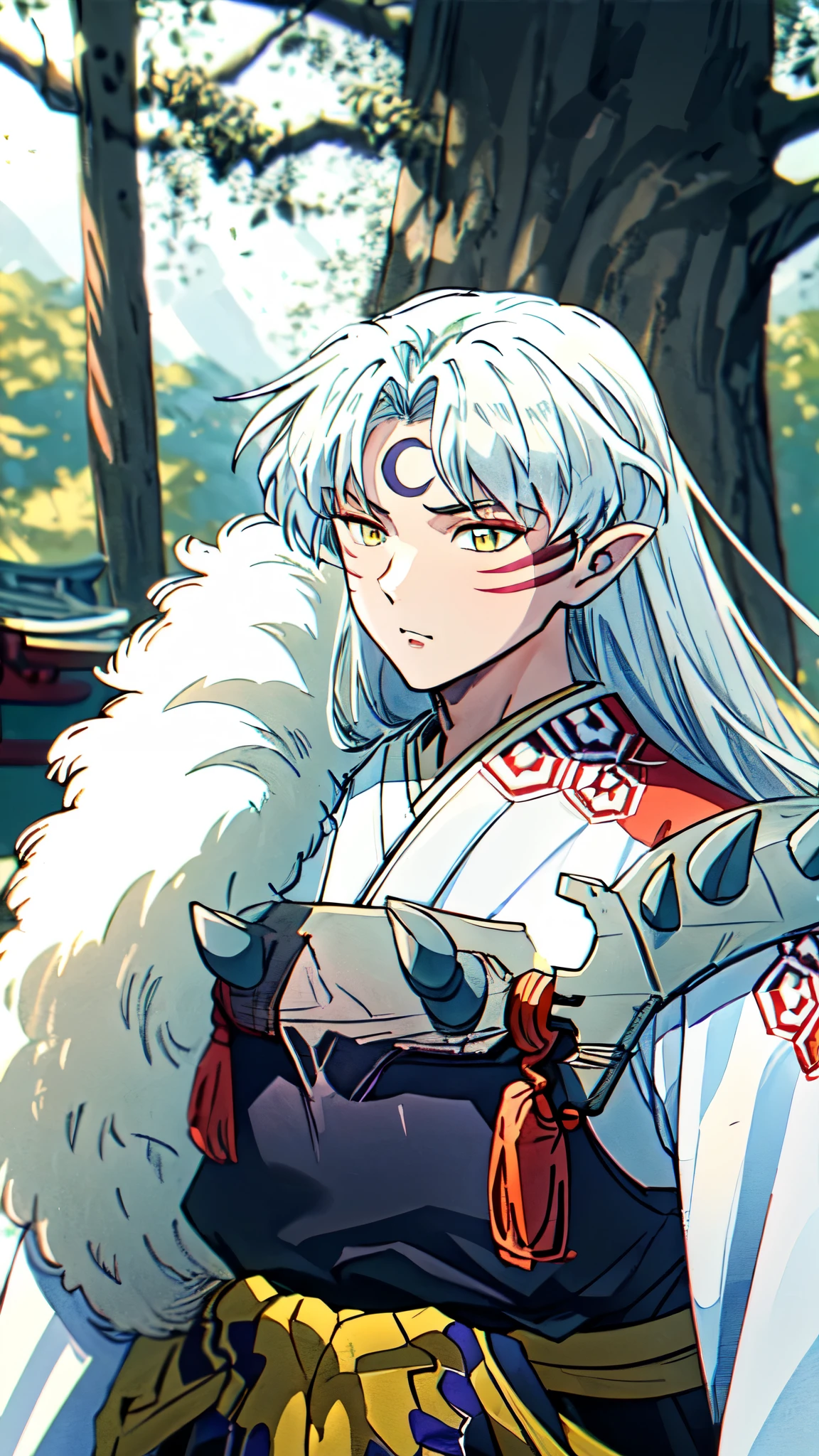 (young teenager, , boy), sesshomaru, (upper body, head turned to one side), Japanese forest with a shrine in the background, during the day, standing 